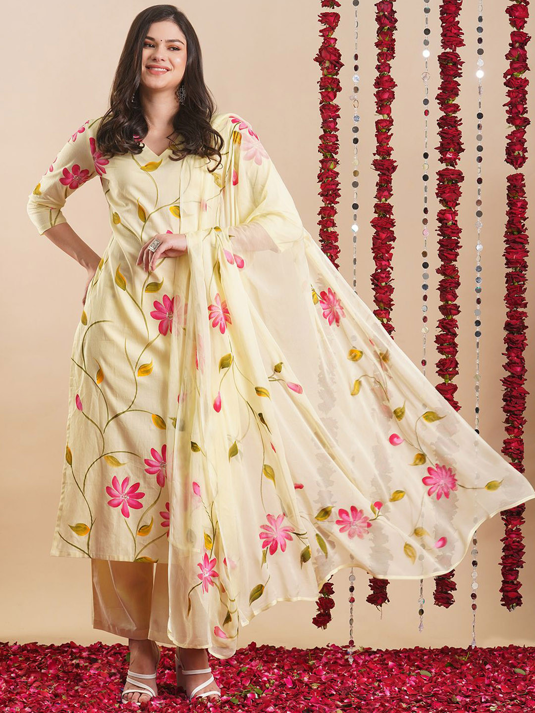 

KALINI Floral Printed Straight Kurta with Trousers & Dupatta, Cream