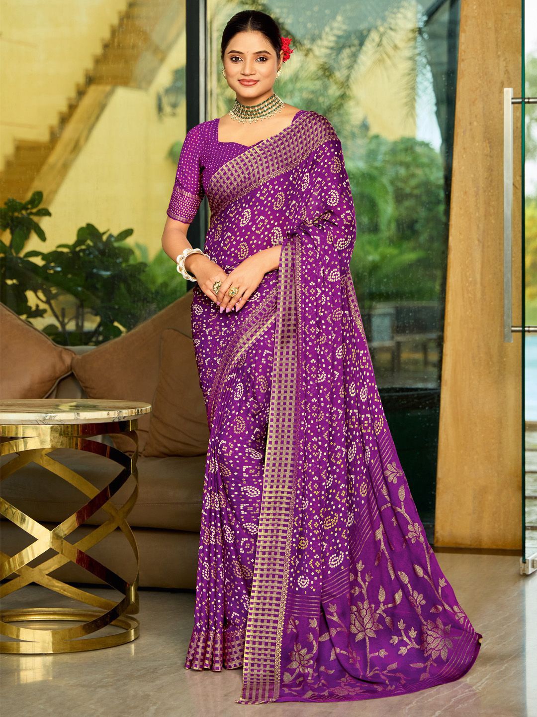 

Anouk Bandhani Poly Georgette Bandhani Saree, Purple