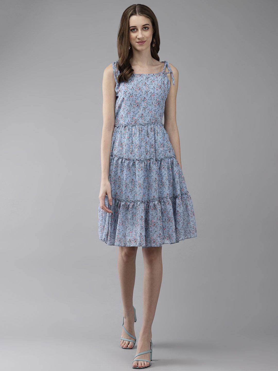 

BAESD Floral Printed Georgette Blouson Dress, Blue