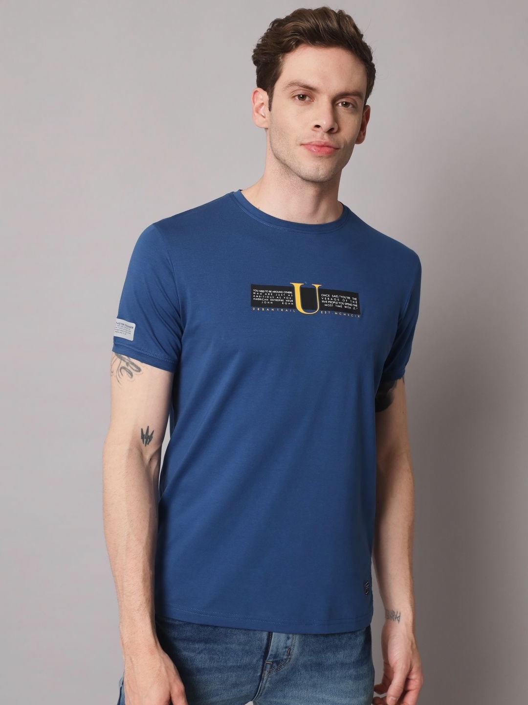 

URBAN TRAIL Men Typography Printed Round Neck Cotton T-shirt, Blue