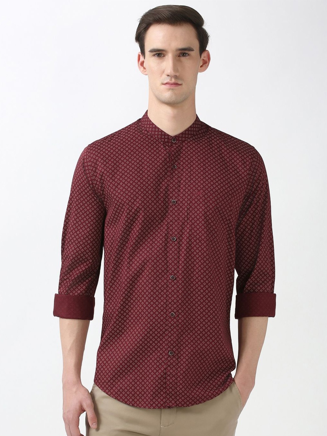 

Peter England Casuals Men Band Collar Geometric Printed Cotton Slim Fit Casual Shirt, Maroon