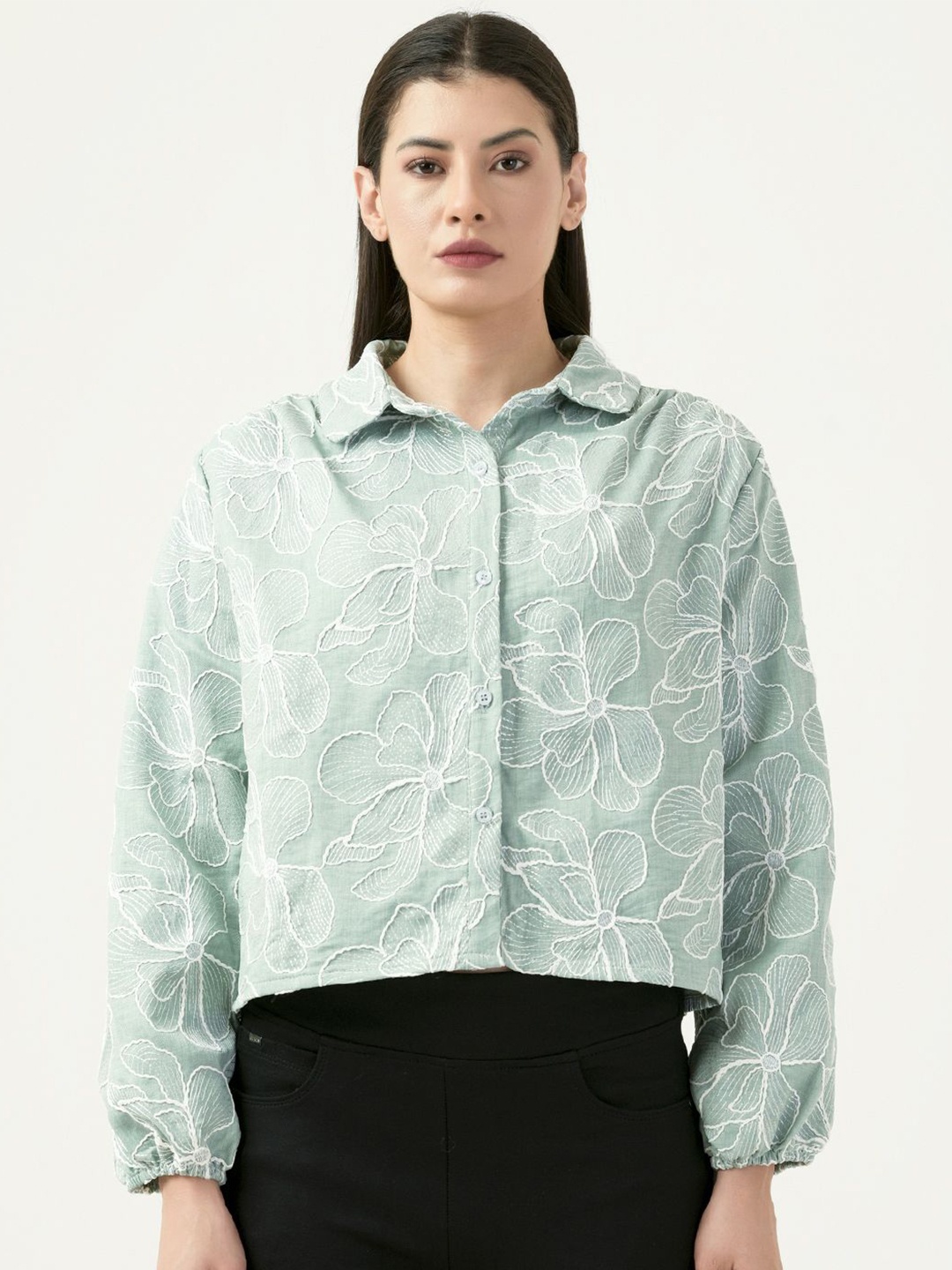 

Albion By CnM Women Spread Collar Floral Printed Polycotton Casual Shirt, Green