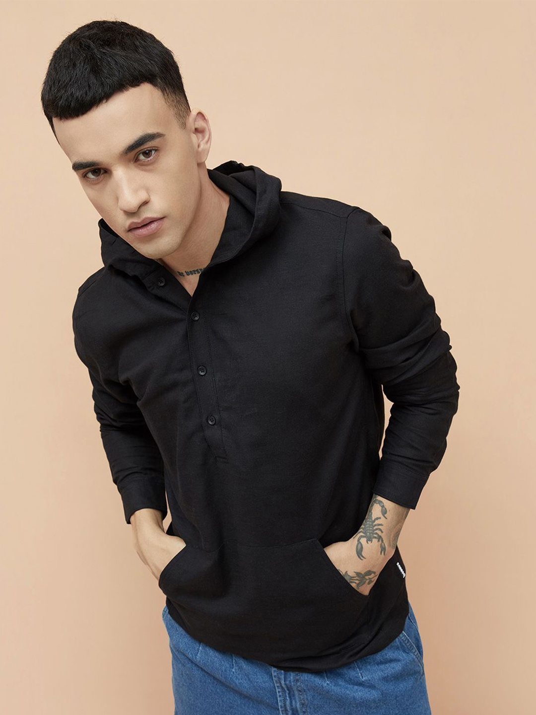 

Bossini Men Solid Opaque Hooded Casual Shirt, Black