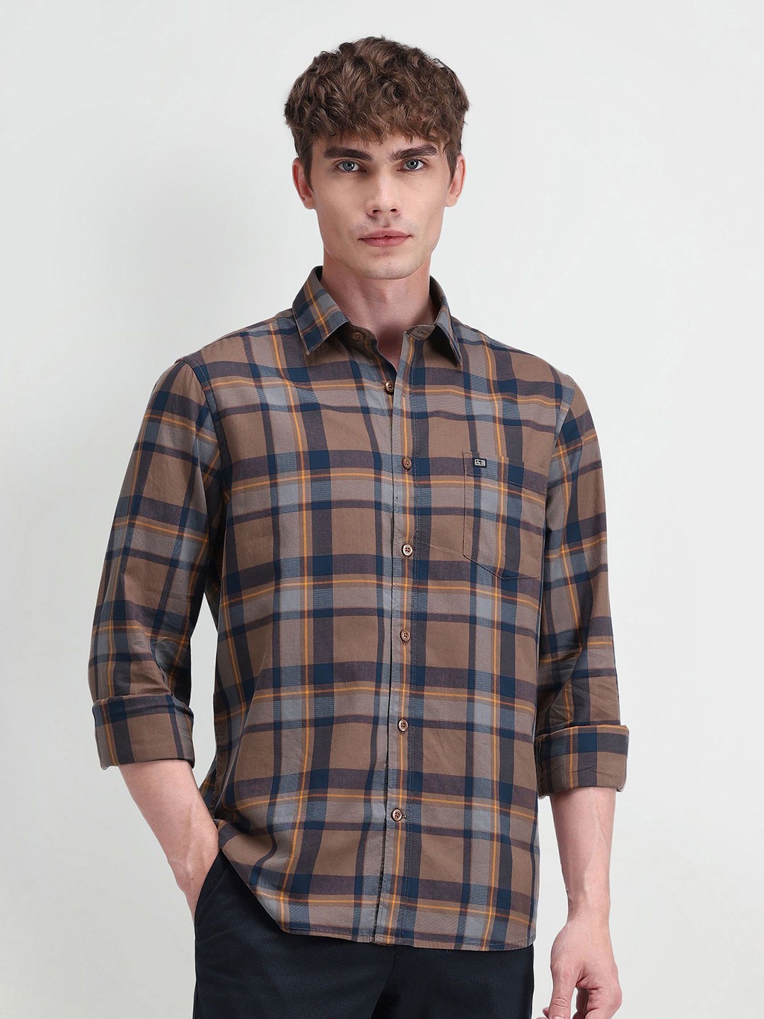 

Arrow Sport Men Classic Spread Collar Tartan Checked Cotton Casual Shirt, Brown