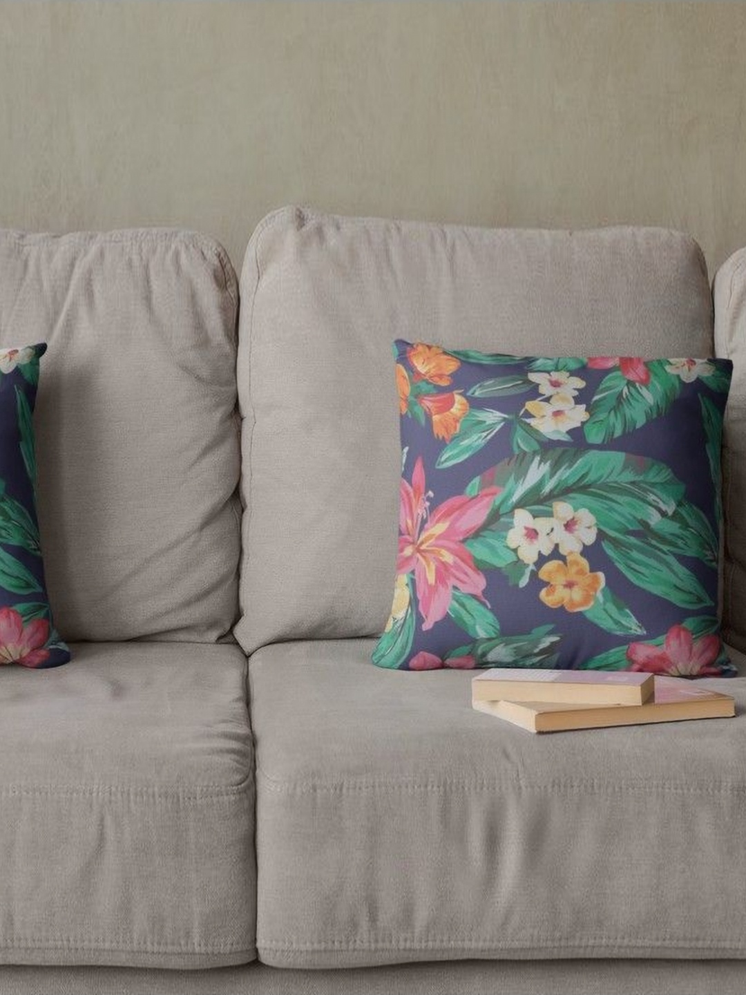 

THEYAYACAFE Navy Blue & Green 2 Pieces Floral Printed Velvet Square Cushion Covers