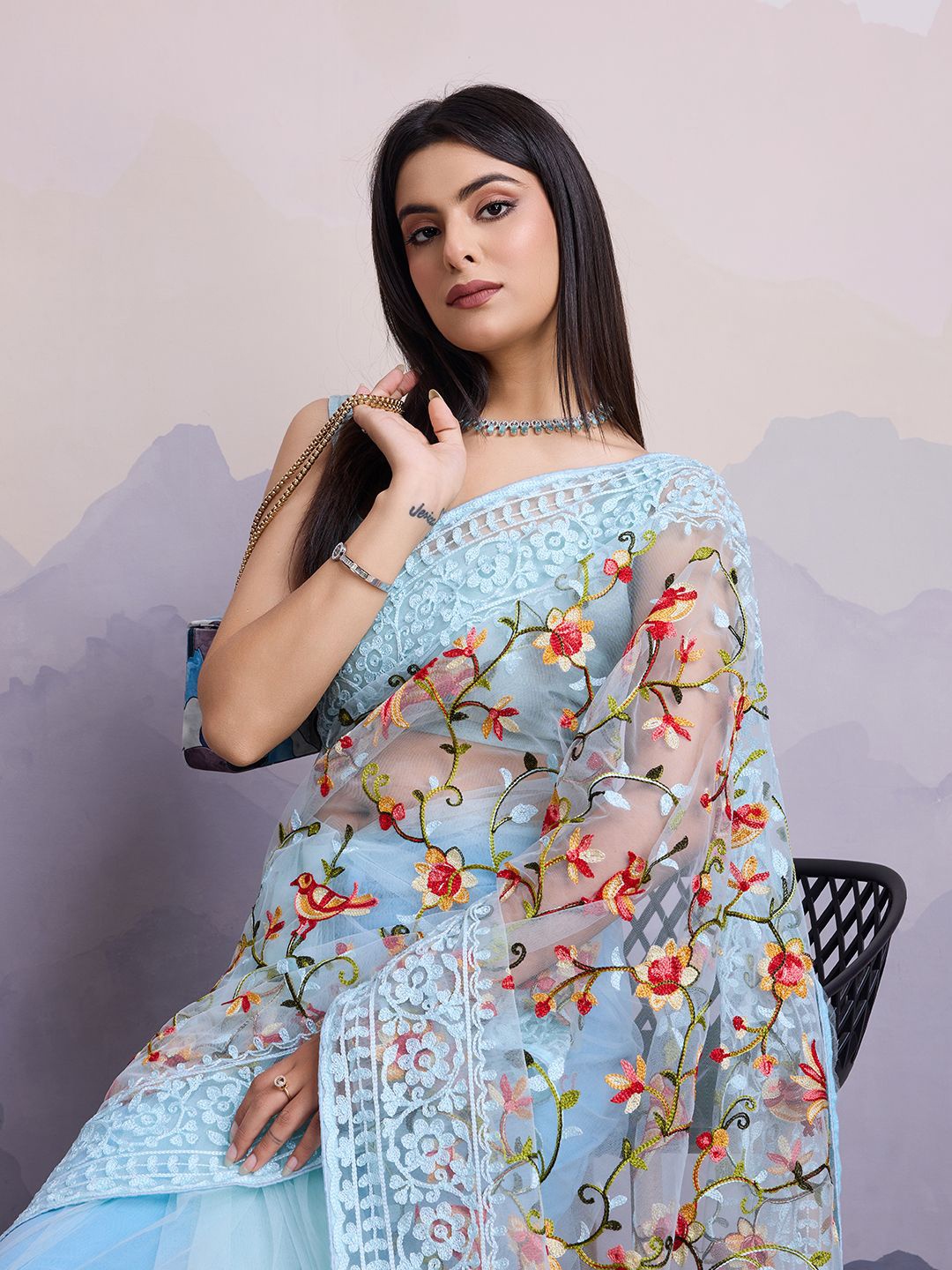 

VAIRAGEE Floral Embroidered Net Saree, Turquoise blue