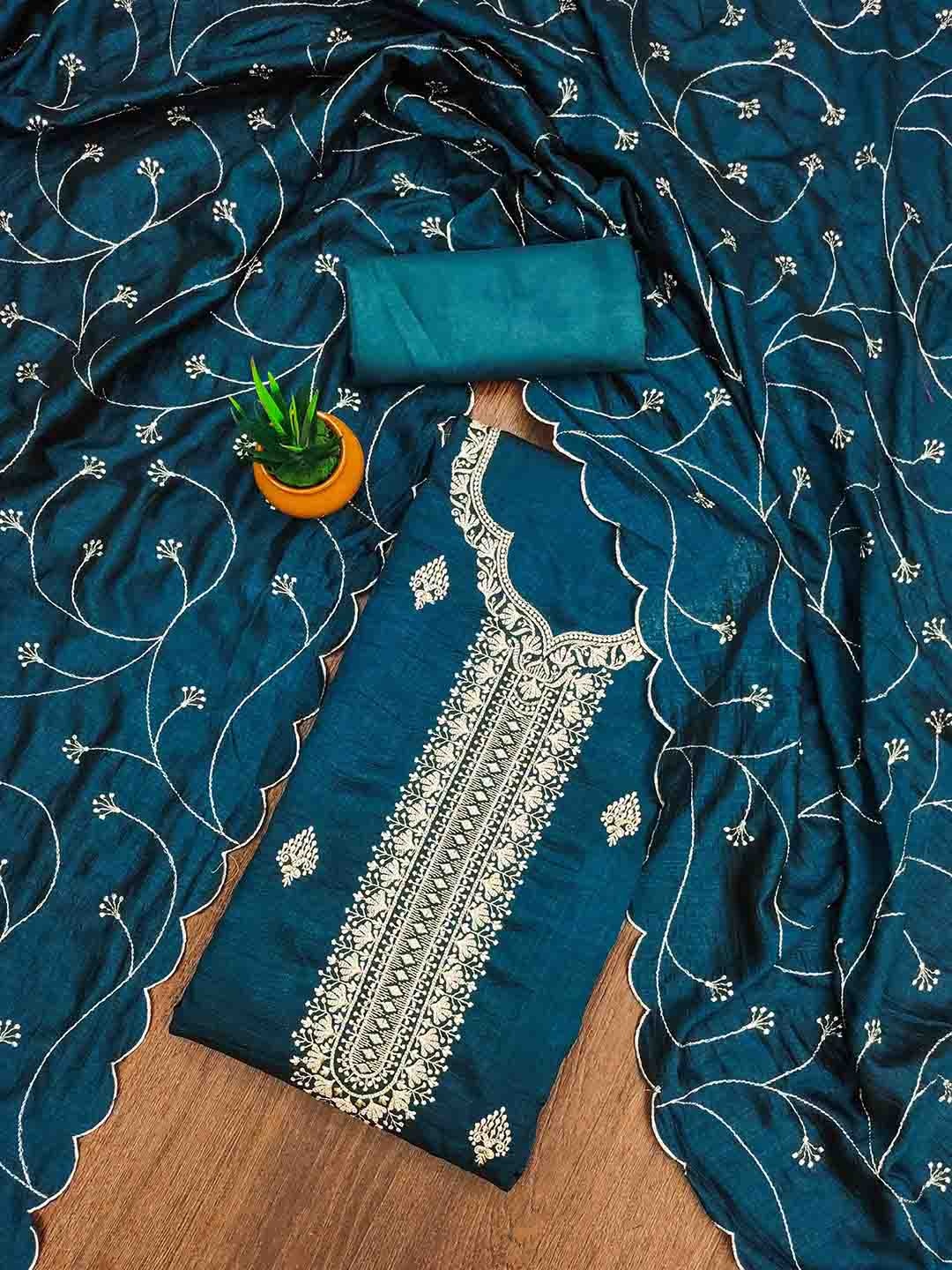 

Ishin Floral Embroidered Zari Unstitched Dress Material, Teal