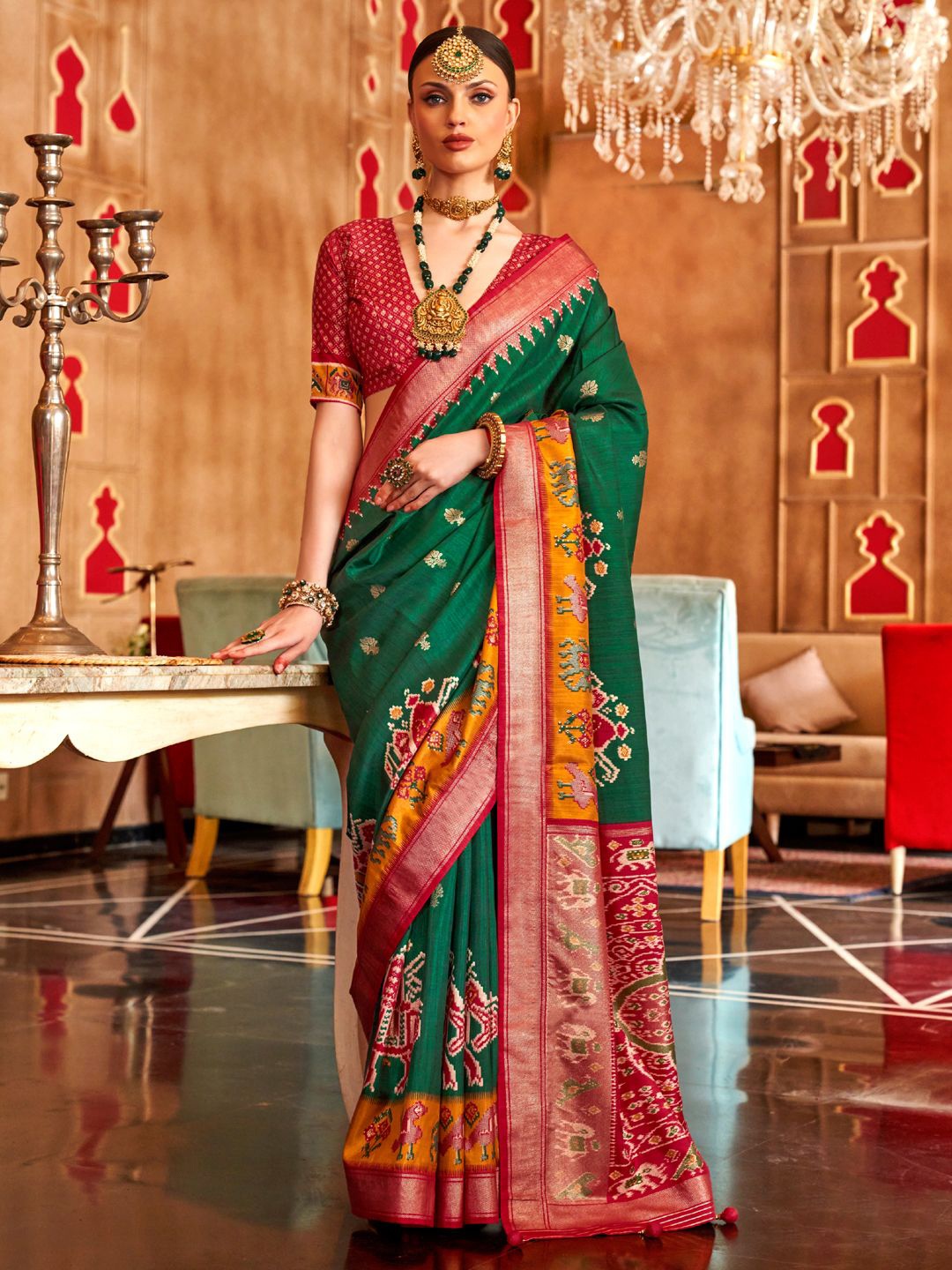 

Mitera Woven Design Zari Silk Blend Patola Saree, Green