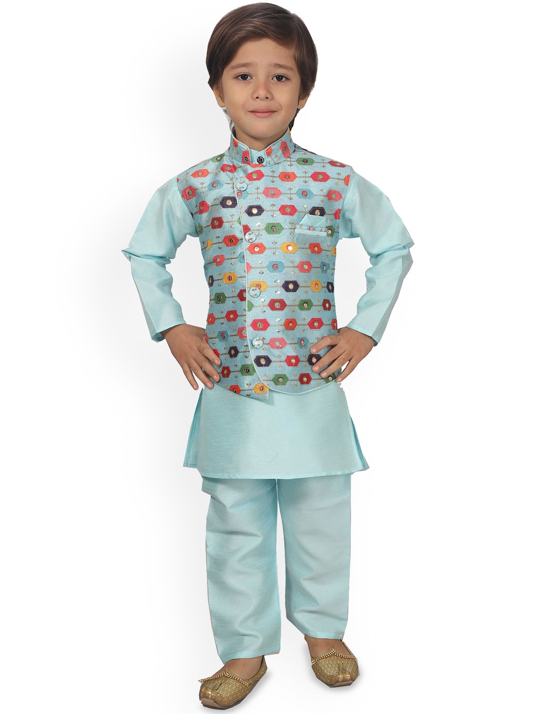 

Arshia Fashions Boys Boys Band Collar Regular Straight Kurta with Pyjamas & Waistcoat, Blue