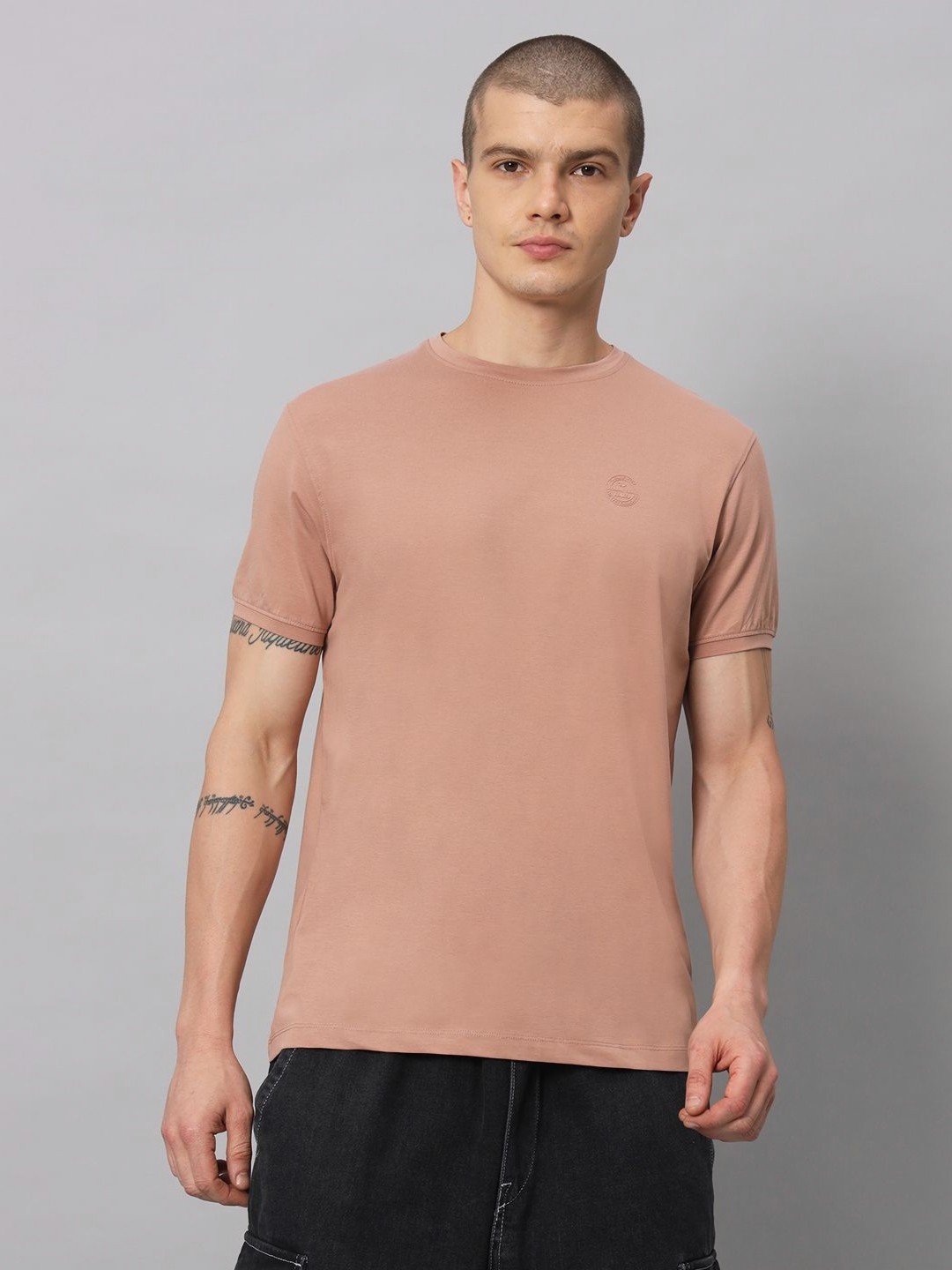 

URBAN TRAIL Men Abstract Printed Round Neck Cotton T-shirt, Brown