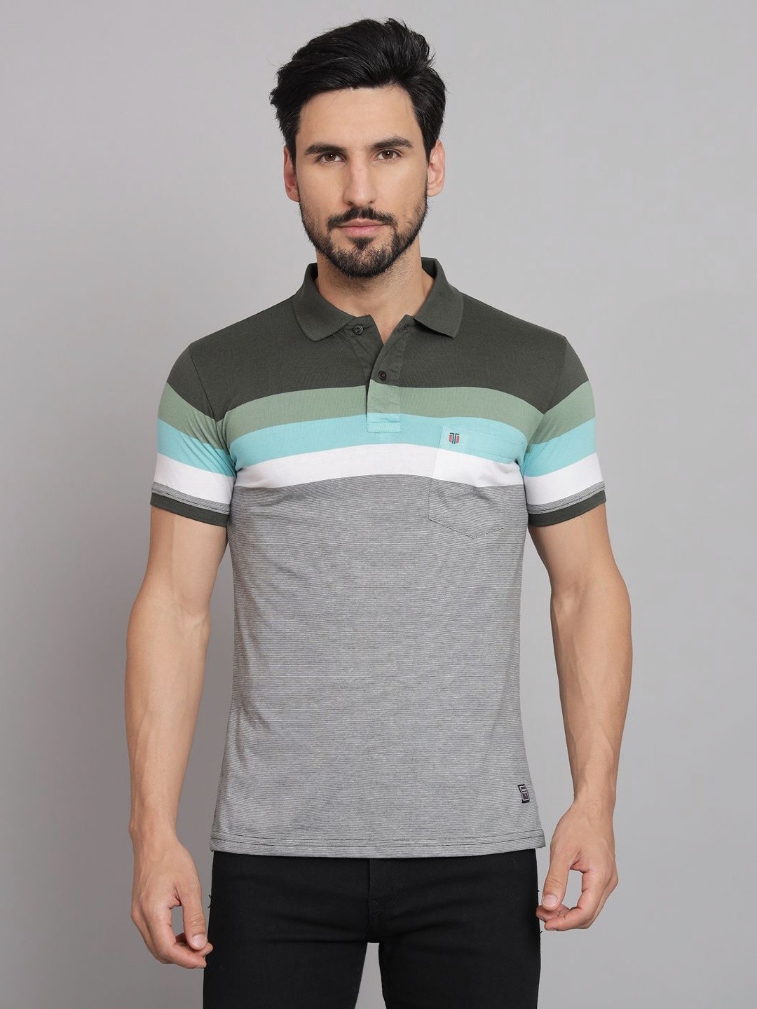 

URBAN TRAIL Men Striped Polo Collar Cotton T-shirt, Grey