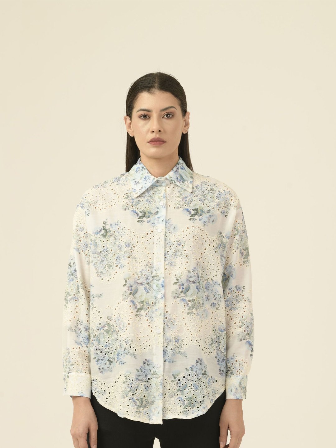

Albion By CnM Women Spread Collar Floral Printed Polycotton Casual Shirt, Blue