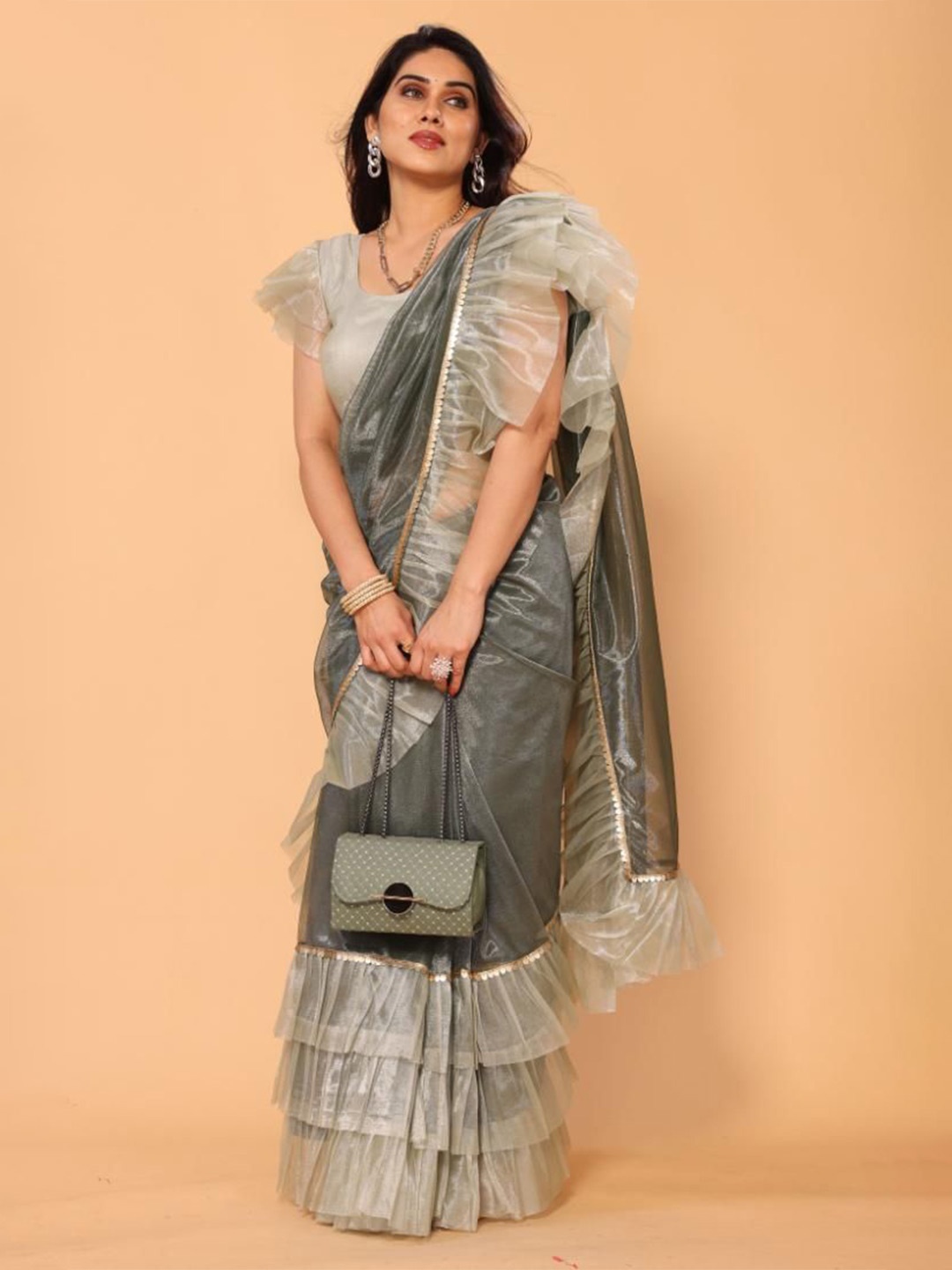 

PATLANI STYLE Sequinned Net Saree, Olive