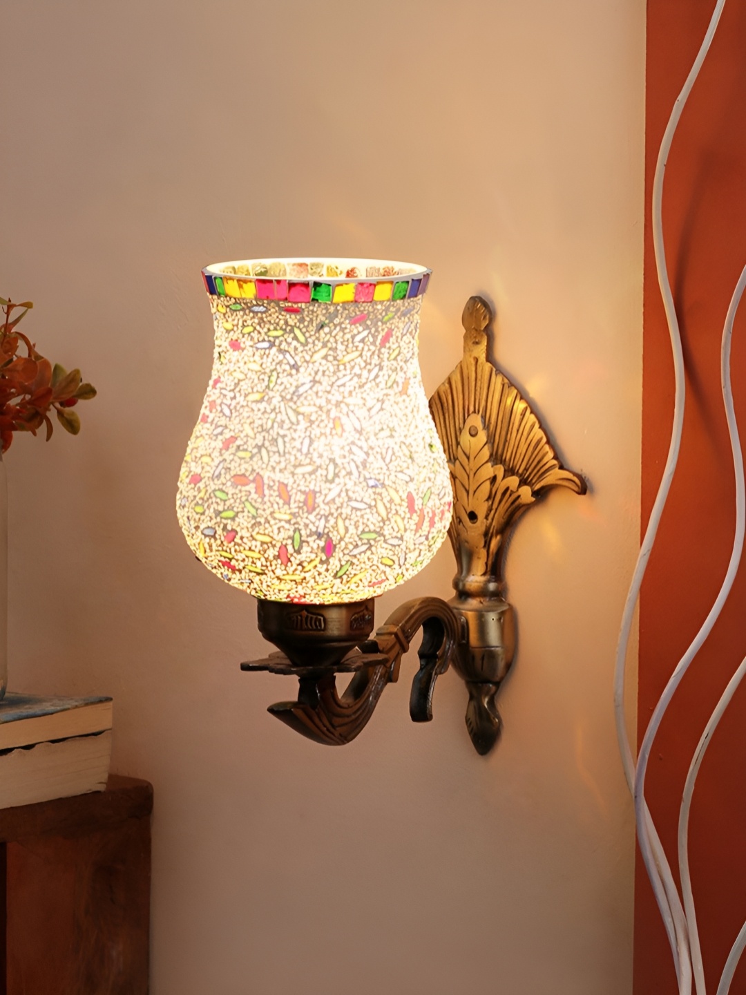 

Devansh White & Gold-Toned Geometric Textured Bell Shaped Metal & Glass Wall Lamp