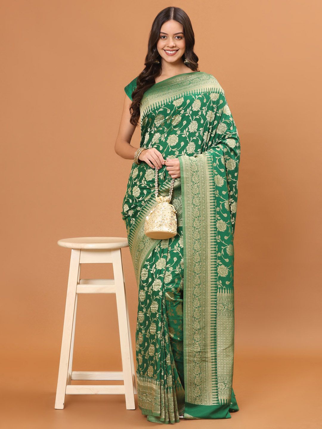 

Meena Bazaar Floral Woven Design Zari Saree, Green