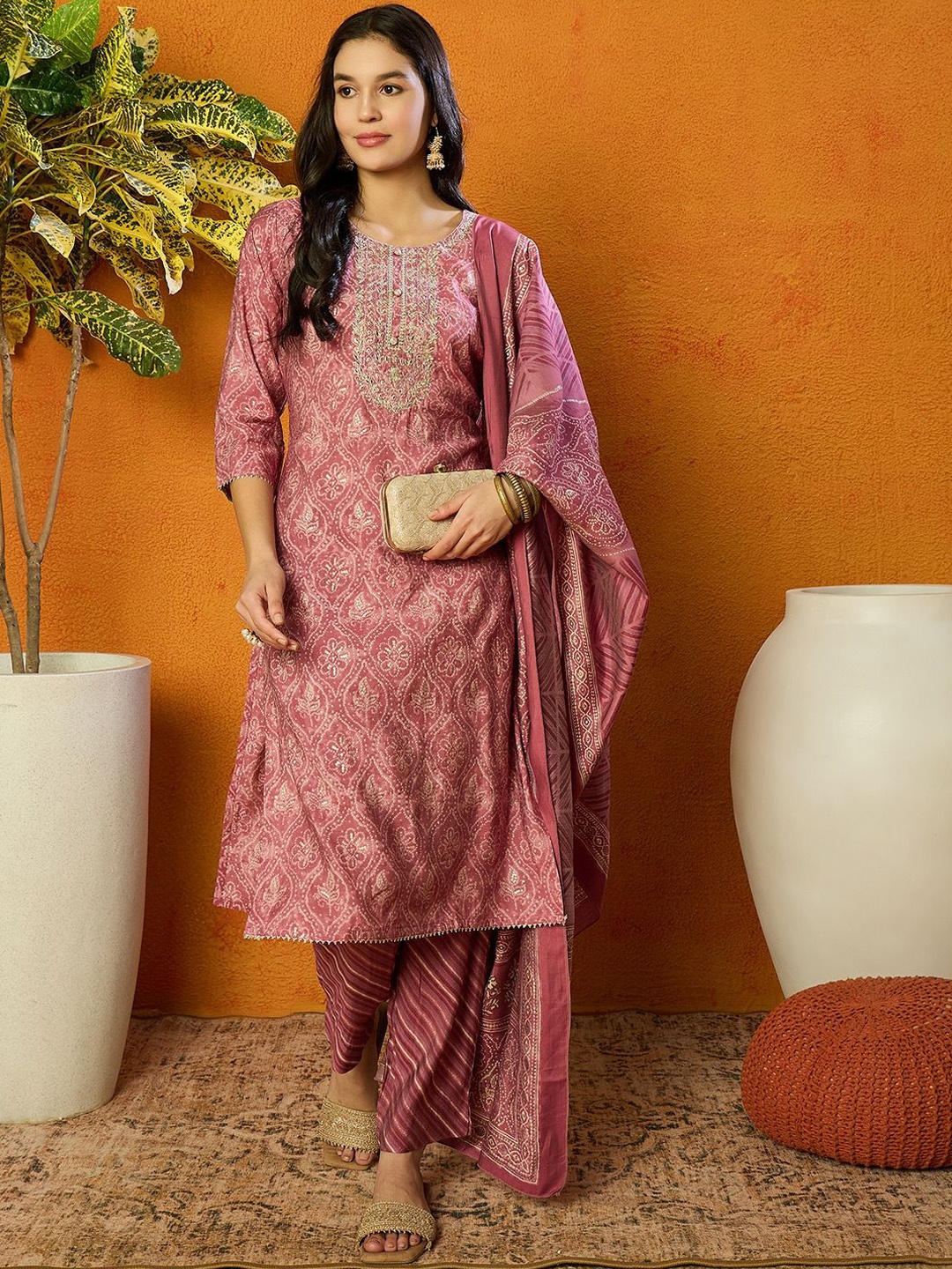 

KALINI Bandhani Embroidered Zari Straight Kurta With Trousers & Dupatta, Pink