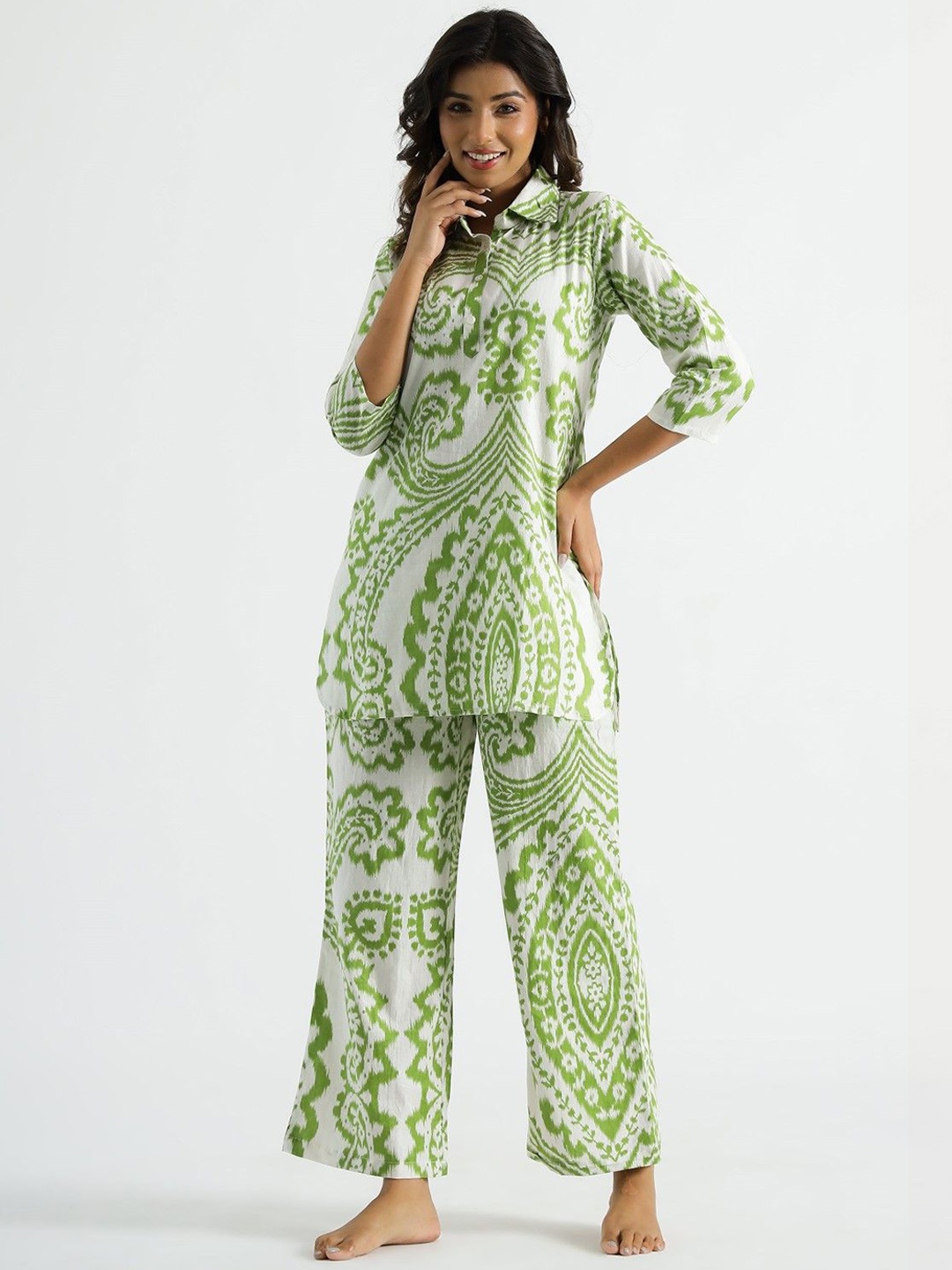 

AUTUMN LANE Printed Pure Cotton Tunic With Trouser, Green