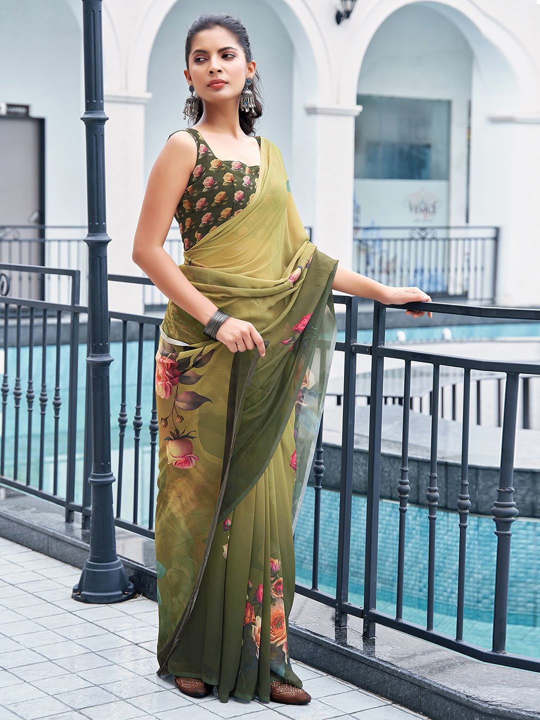 

Mitera Floral Printed Pure Georgette Muga Saree, Green