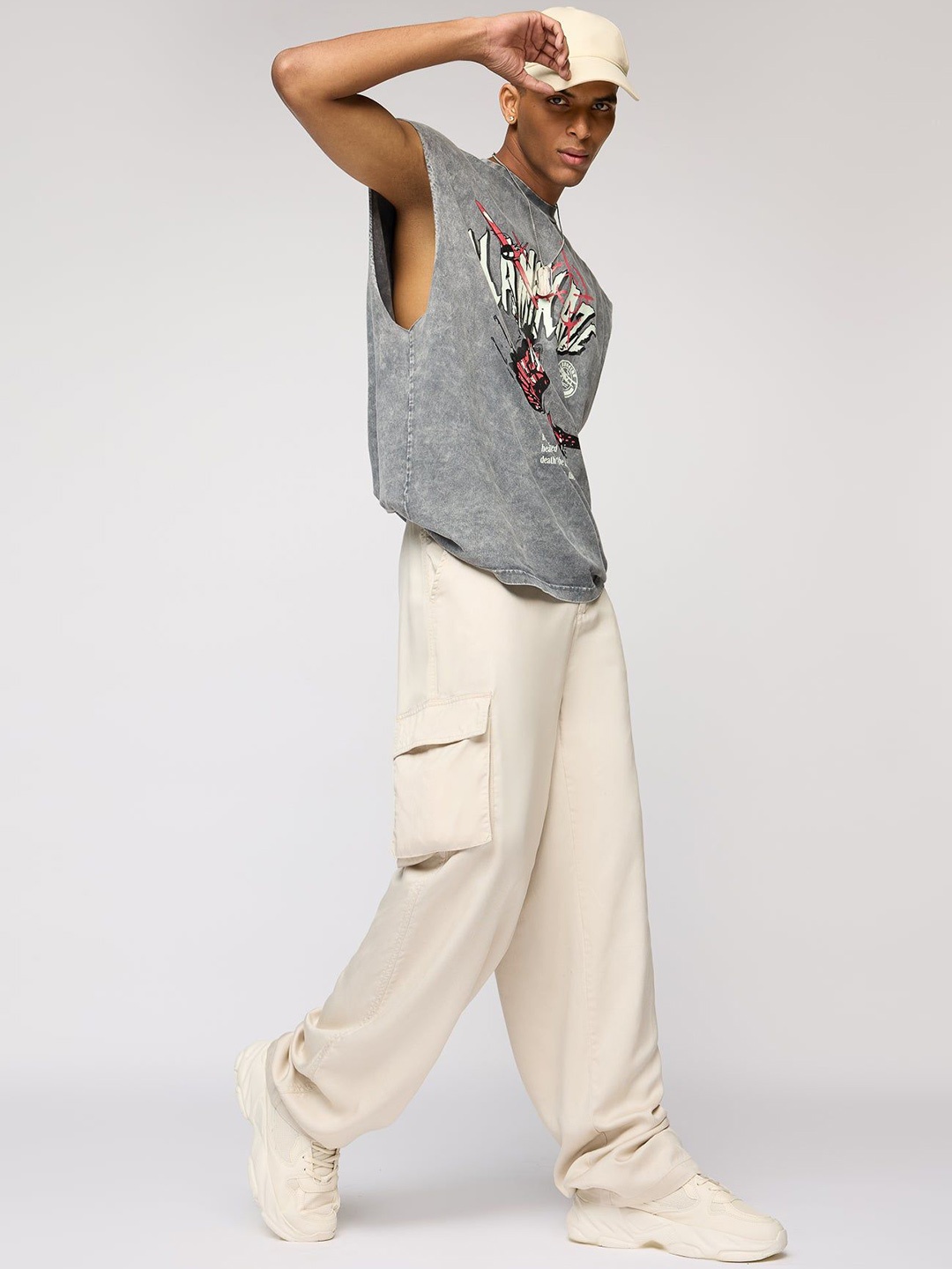 

FREAKINS Men Cargo Korean Pant, Cream