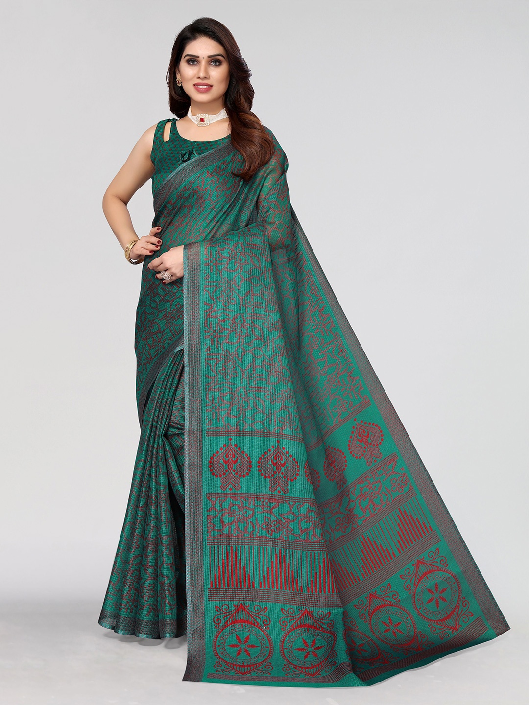 

VIRICA Floral Printed Saree With Blouse Piece, Green