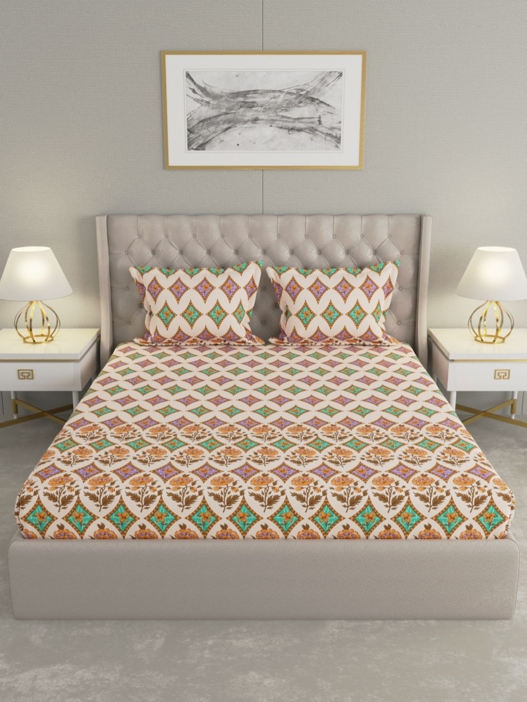 

Raymond Home Beige Geometric Printed 120 TC Cotton King Bedsheet & 2 Pillow Covers