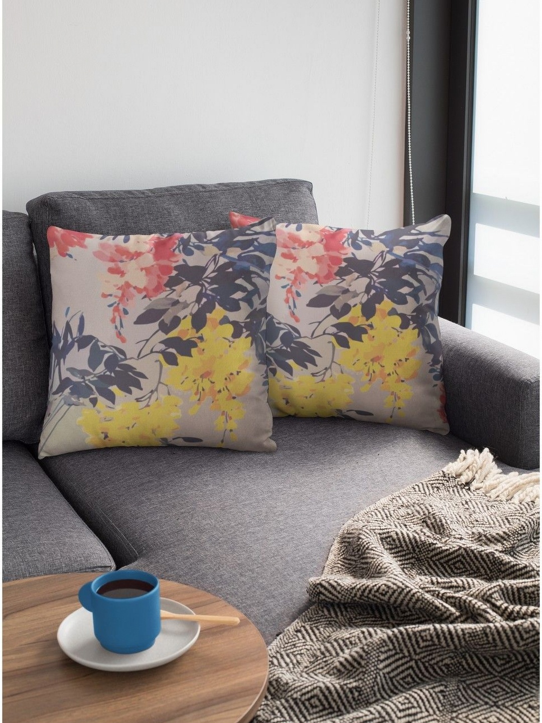 

THEYAYACAFE Beige & Yellow 2 Pieces Floral Velvet Square Cushion Covers
