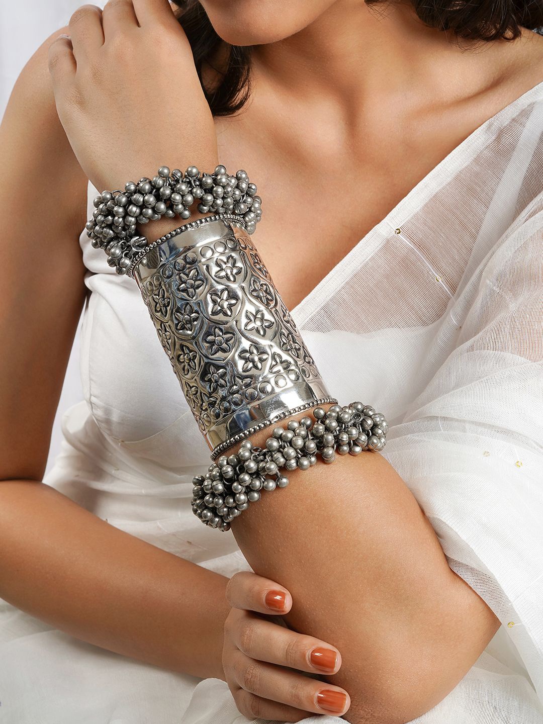 

TEEJH Set Of 3 Ghungroo-Charm Cuff Bracelet, Silver