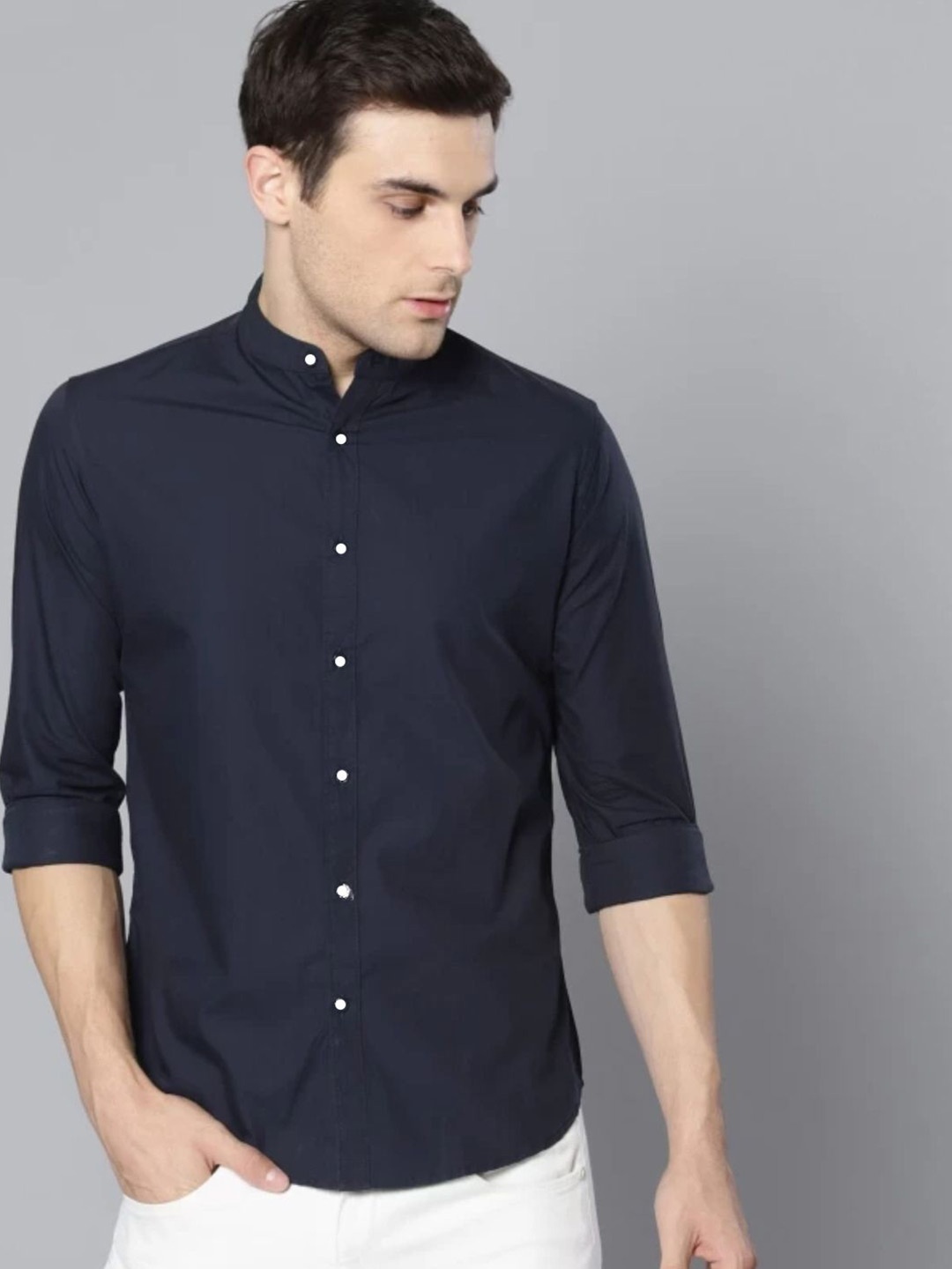 

AIA.FAB Men Comfort Mandarin Collar Solid Cotton Formal Shirt, Navy blue