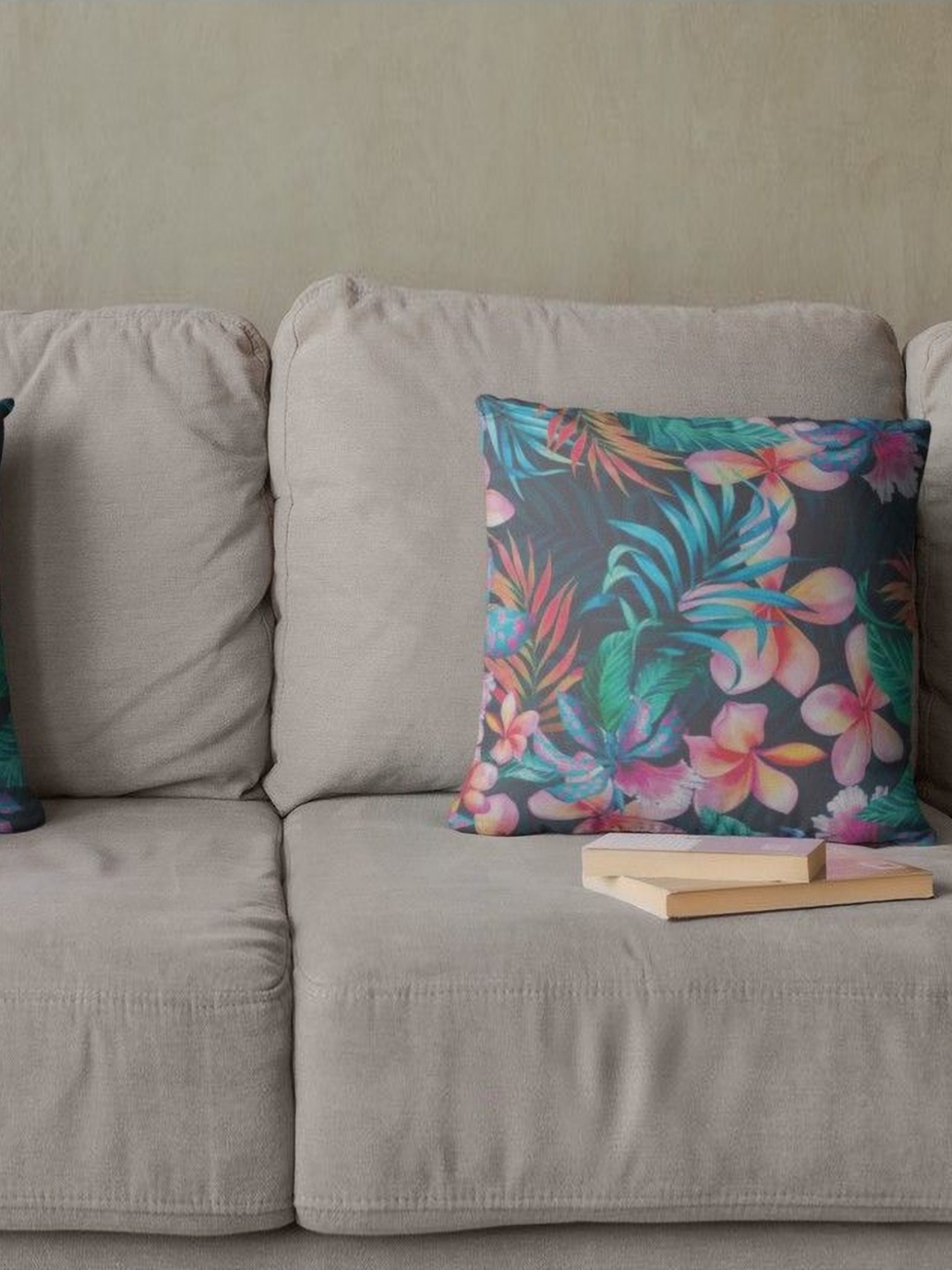 

THEYAYACAFE Green & Pink 2 Pieces Floral Printed Velvet Square Cushion Covers