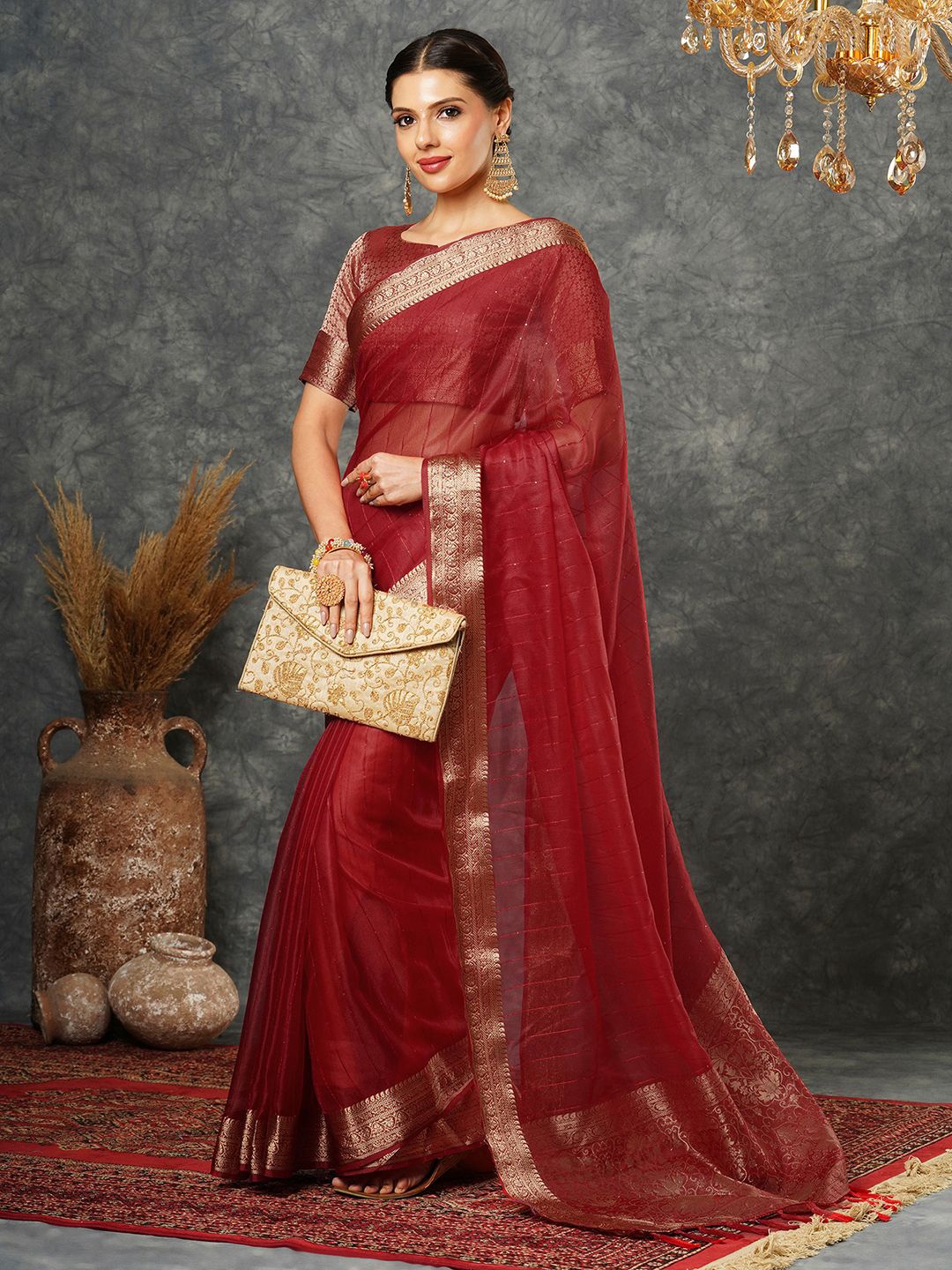

Mitera Striped Sequinned Organza Banarasi Saree, Red