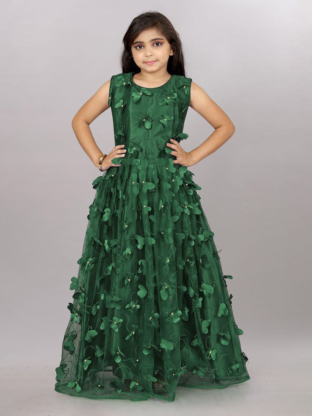 

LADY SHOPI Girls Embroidered Net Gown Maxi Dress, Green