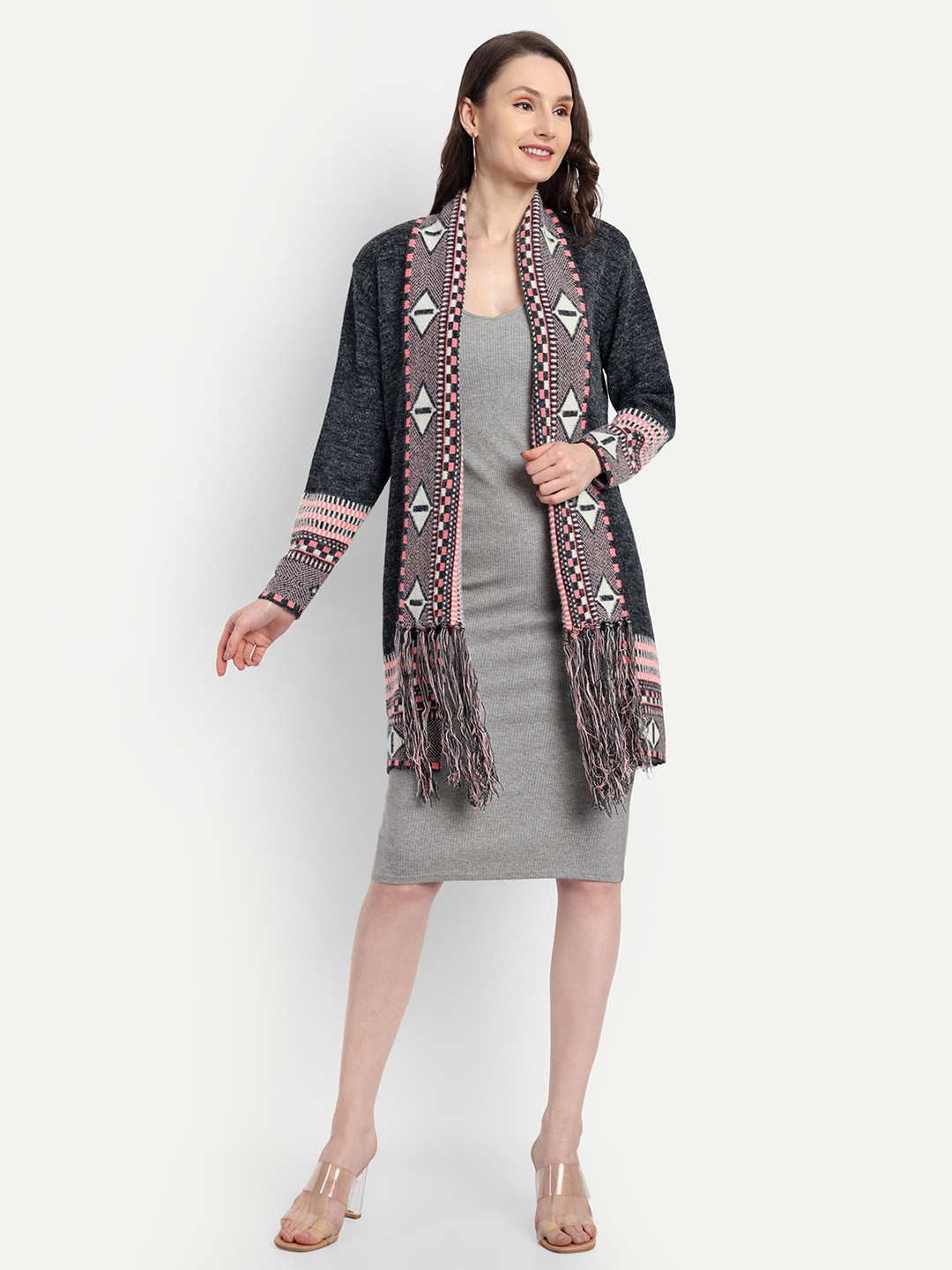 

HAUTEMODA Self Design Woollen Open Front Shrug, Black