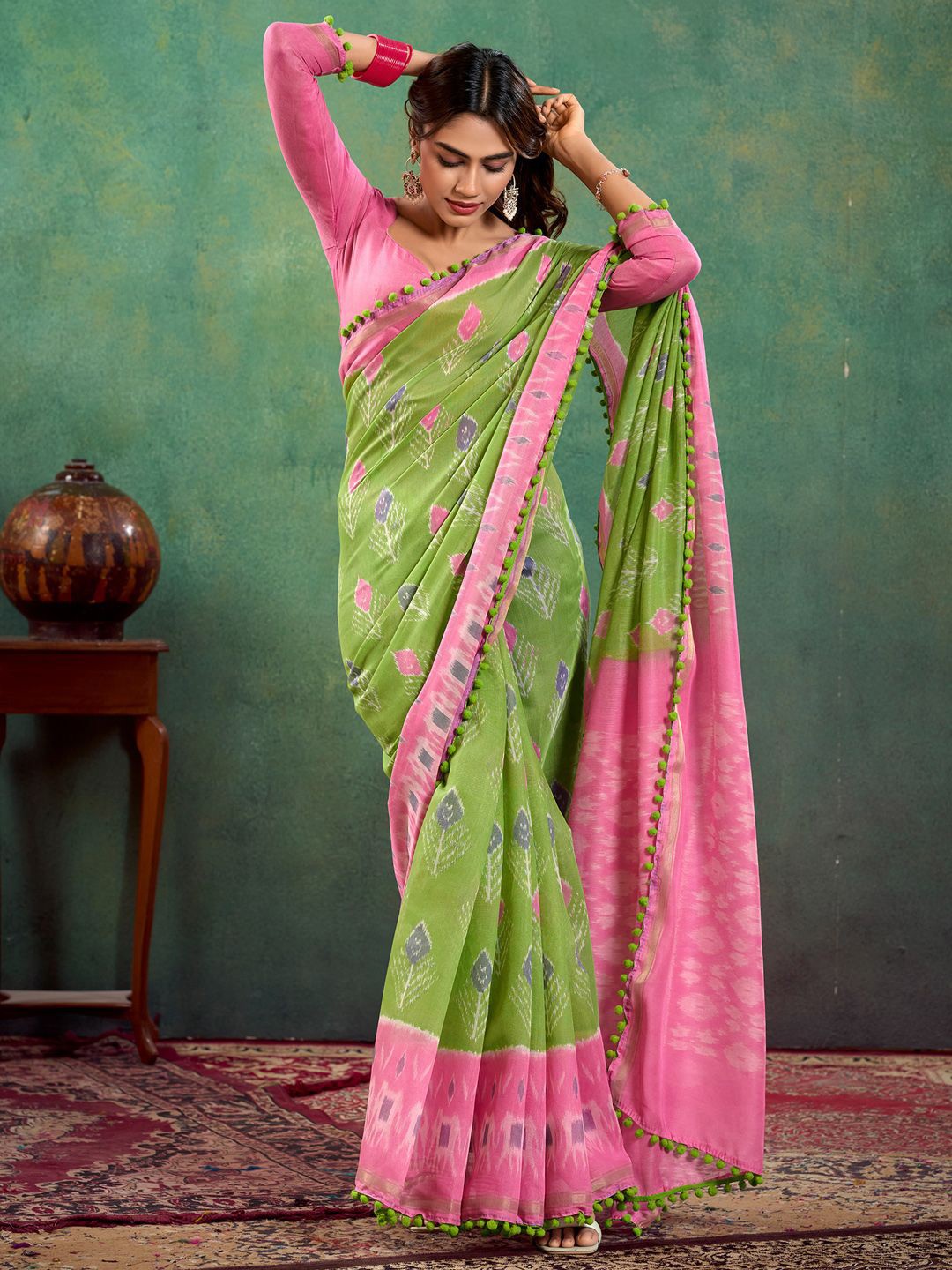 

Anouk Ethnic Motifs Bagh Anouk Light Green Cotton Daily Wear Saree with Matching Blouse