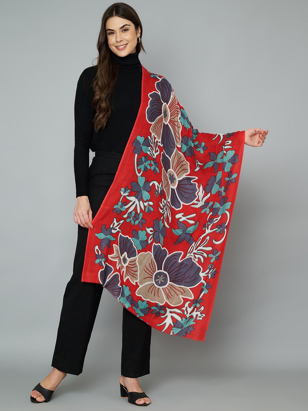 

MUFFLY Women Multicoloured Printed Pure Wool Printed Stole, Red