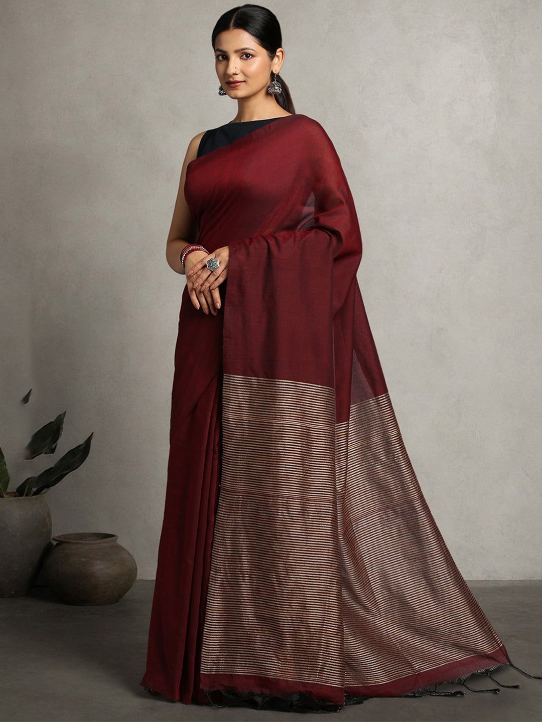

ArtEastri Handmade Maroon Pure Cotton Solid Saree With Striped Pallu