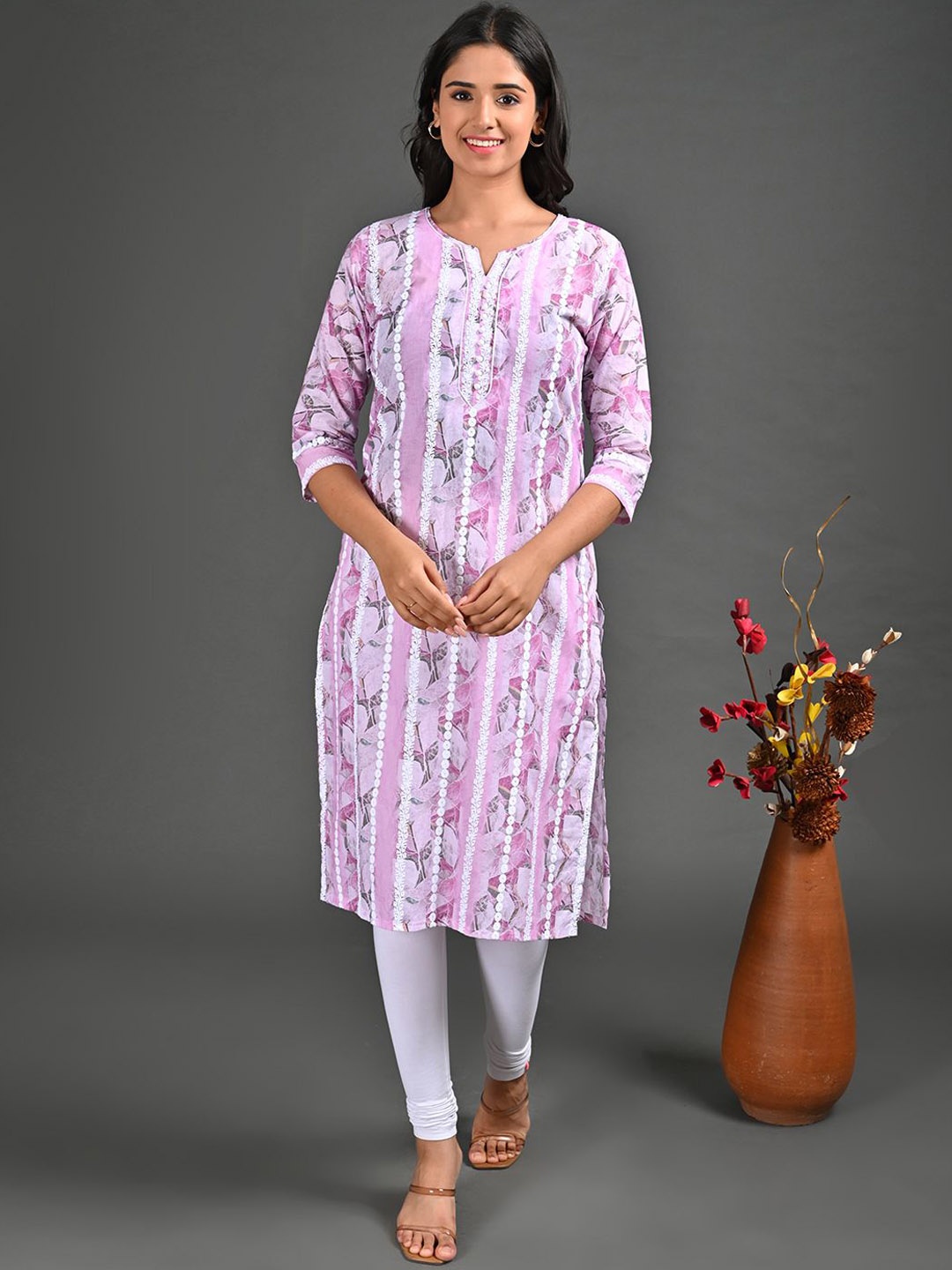 

GOLDSTROMS Floral Printed Round Neck Thread Work Cotton Straight Kiurta, Pink