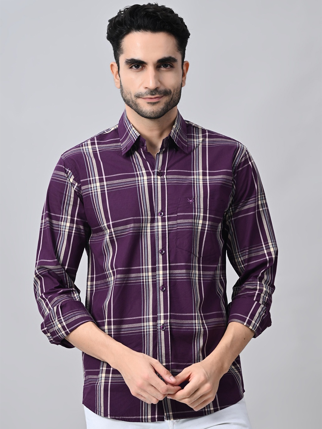 

STARFOX Men Comfort Spread Collar Checked Cotton Formal Shirt, Lavender