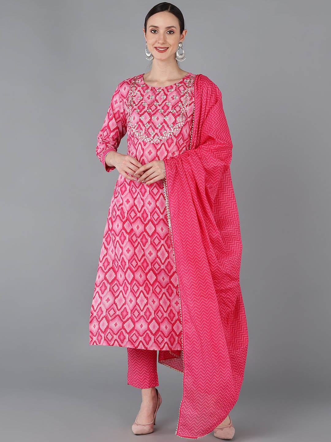 

KALINI Geometric Embroidered Pure Cotton Straight Kurta With Trousers & Dupatta, Pink