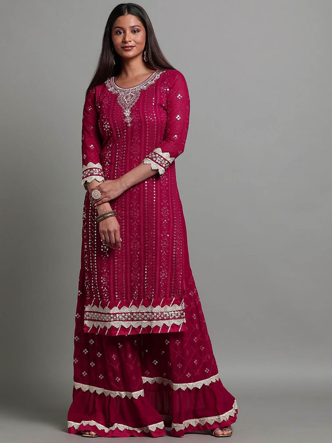 

Miss Ethnik Ethnic Motifs Embroidered Sequinned Straight Kurta with Sharara & Dupatta, Pink