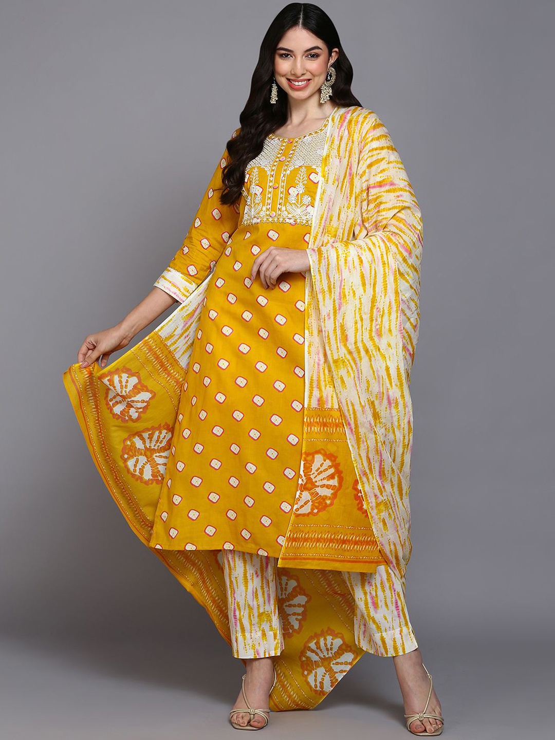 

KALINI Bandhani Printed Pure Cotton Kurta with Trousers & Dupatta, Yellow