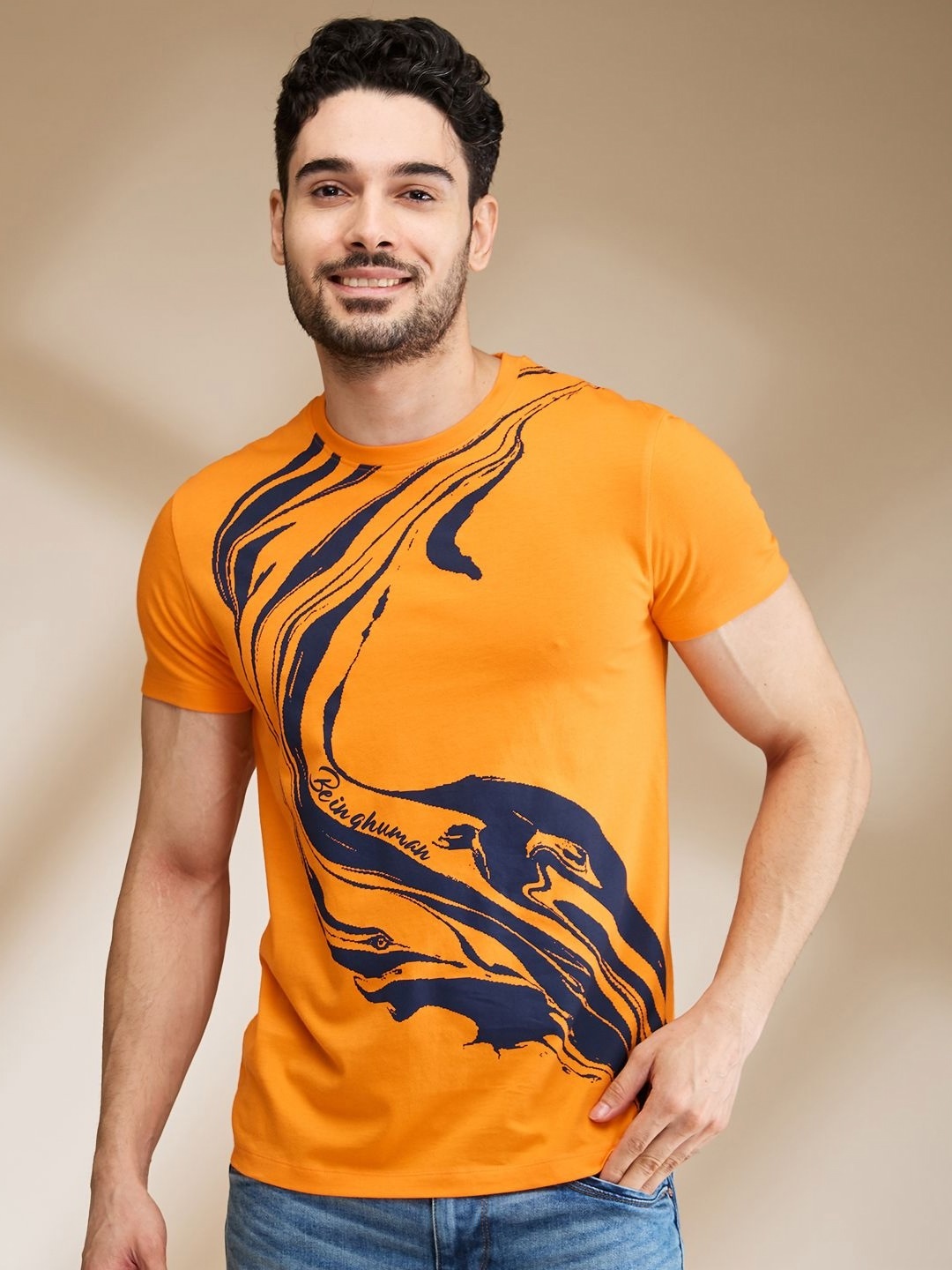

Being Human Men Abstract Printed Round Neck Cotton T-shirt, Orange
