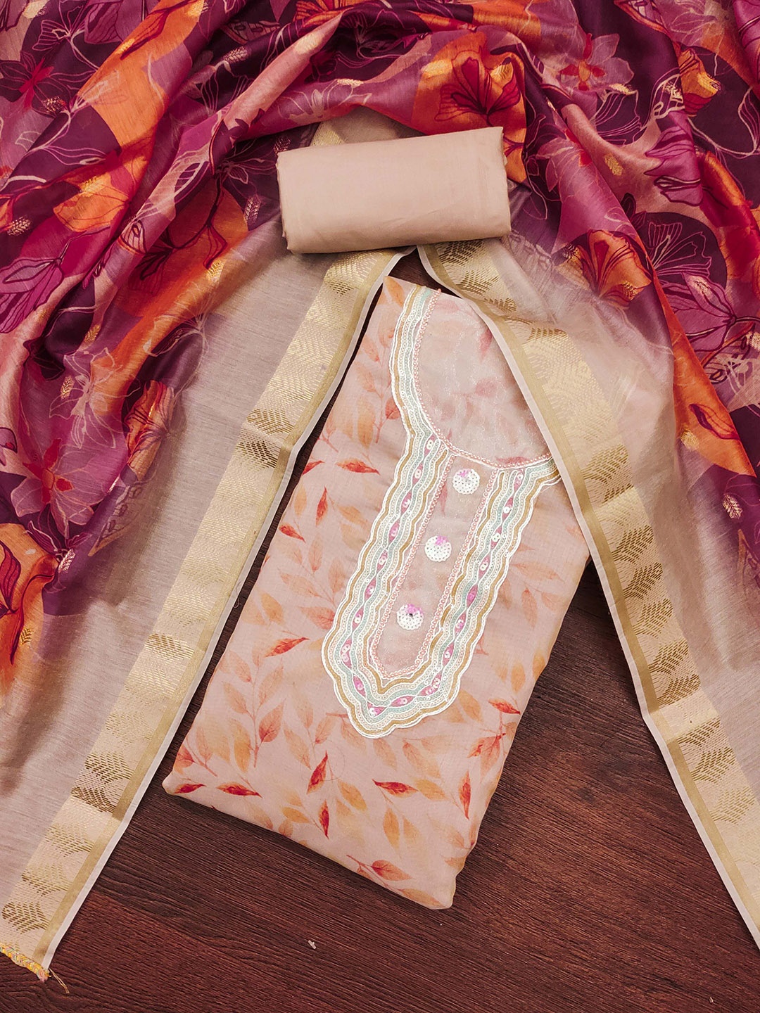 

Ishin Floral Embroidered Beads and Stones Unstitched Dress Material, Peach