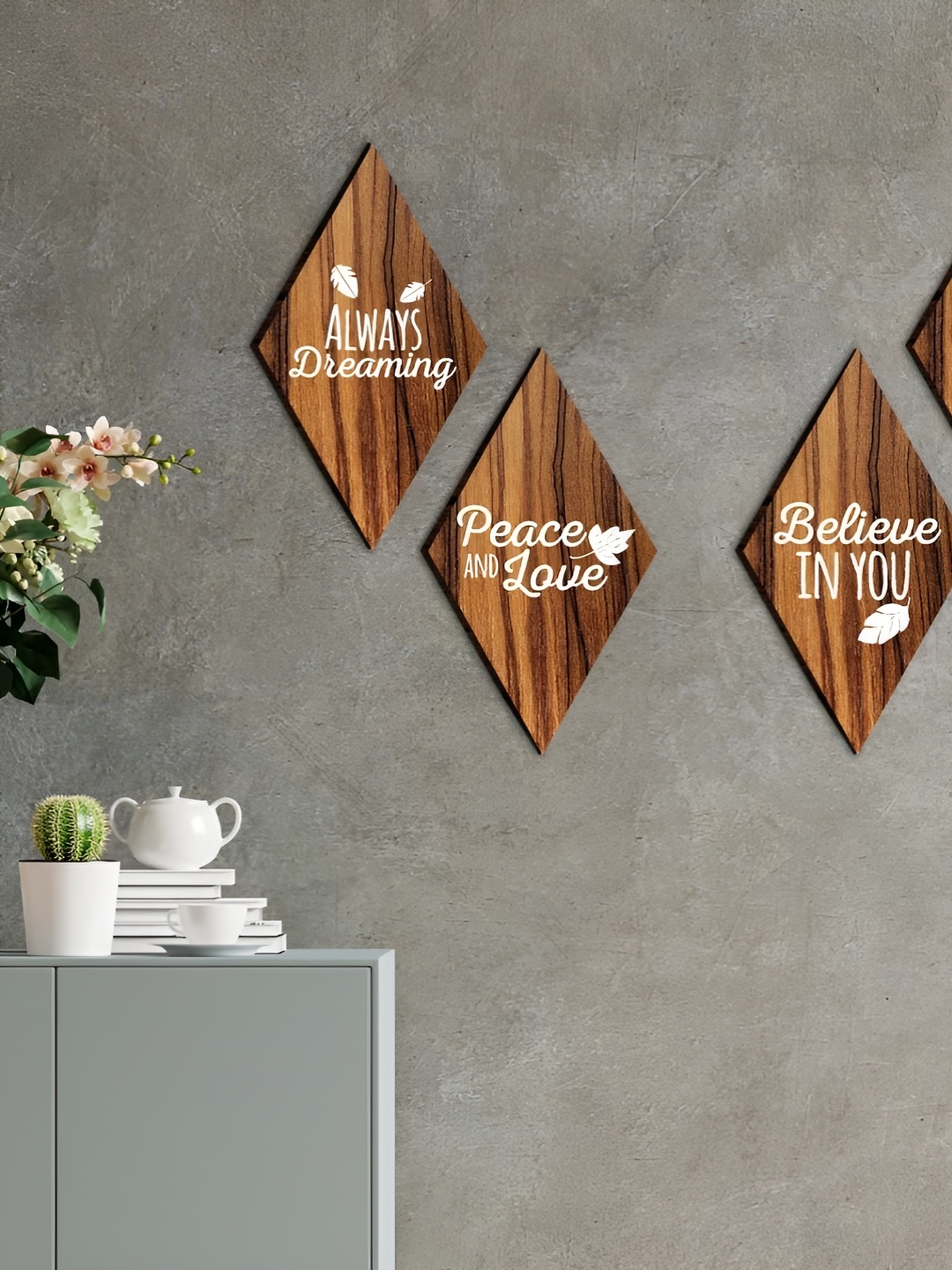 

CVANU Brown & White 4 Pieces Printed Wooden Wall Hangings