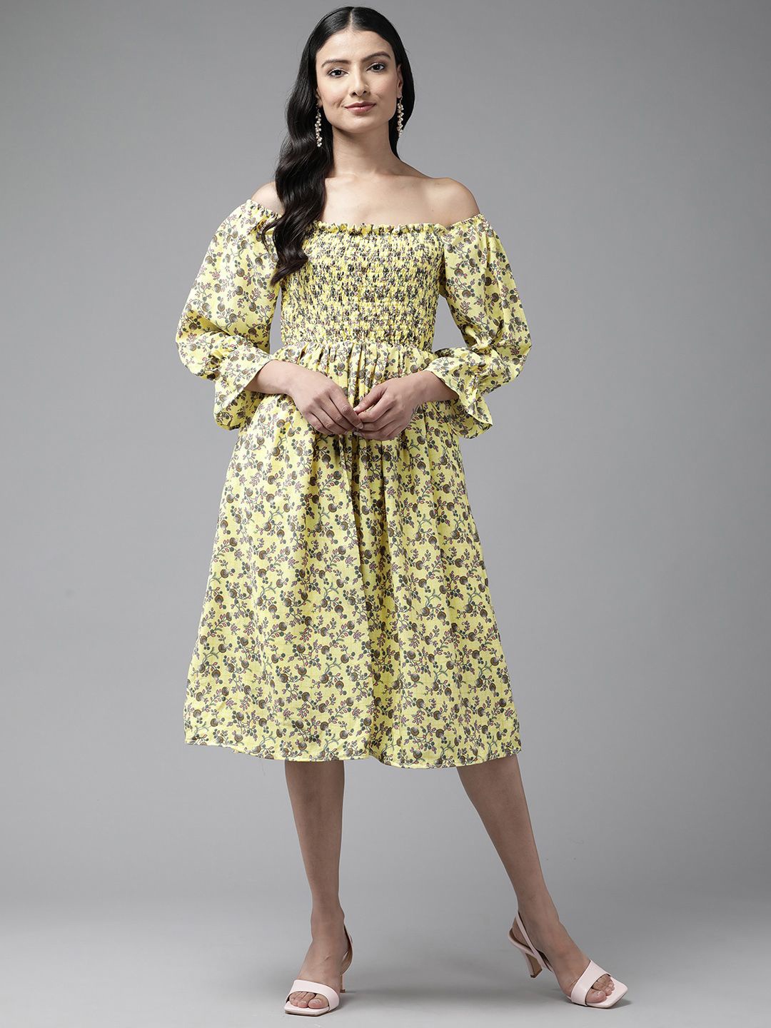 

BAESD Floral Printed Off-Shoulder Puff Sleeve Georgette Smocked Fit & Flare Midi Dress, Yellow