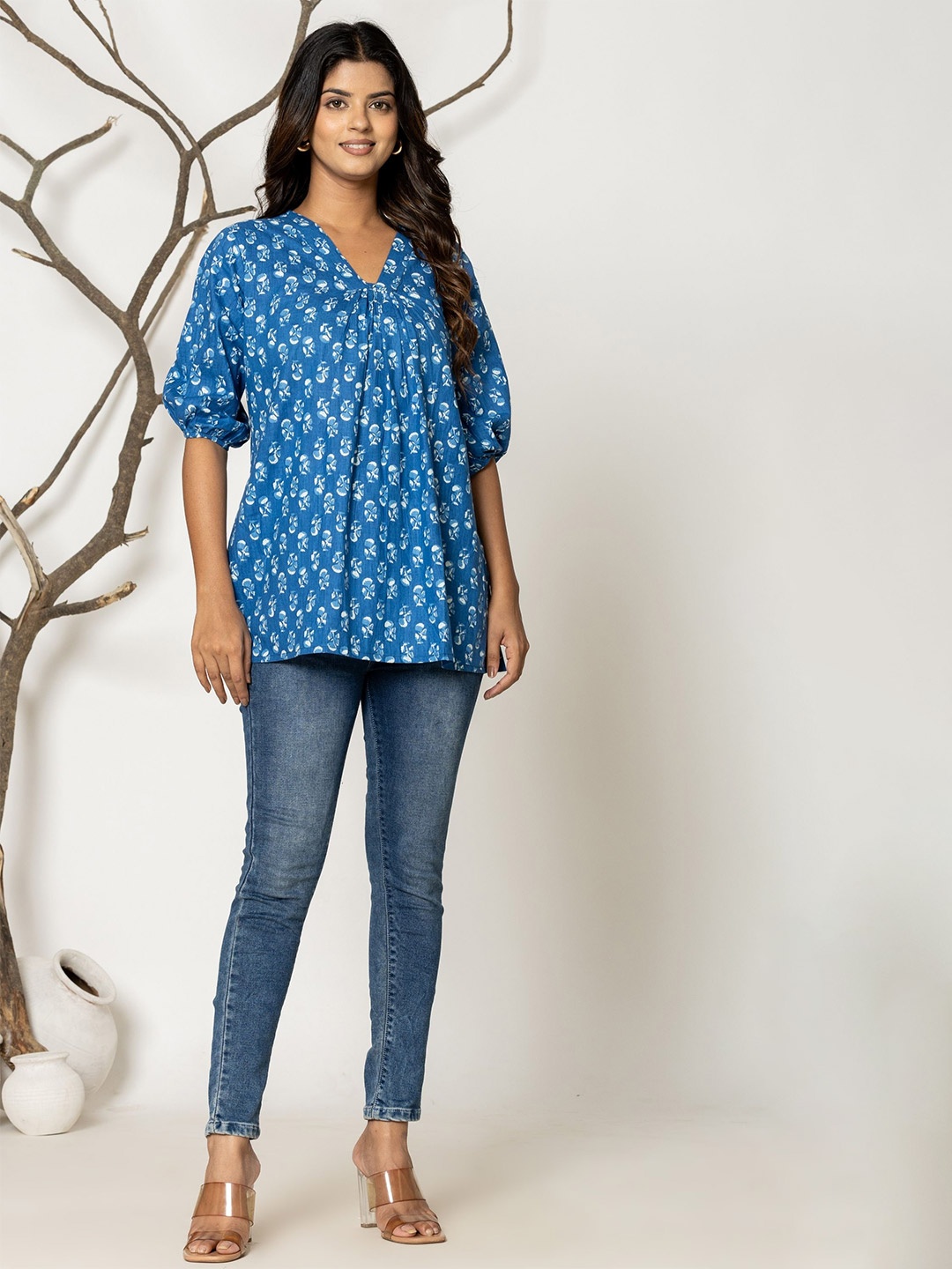 

JAIPURI BUNAAI Kimono Sleeve Cotton Boxy Crop Top, Turquoise blue