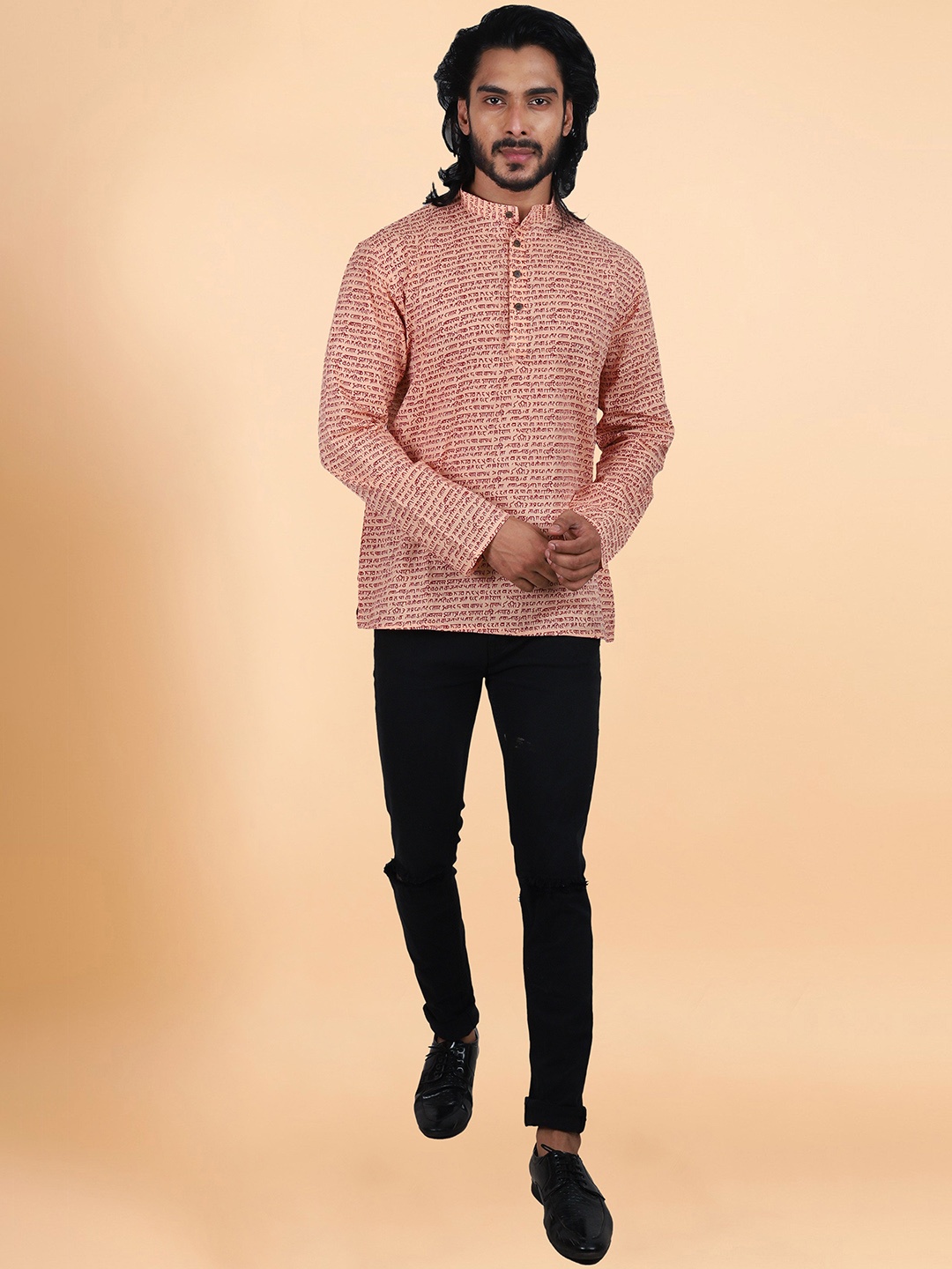 

ETHNIC FACTORY Printed Band Collar Cotton Straight Kurta, Peach