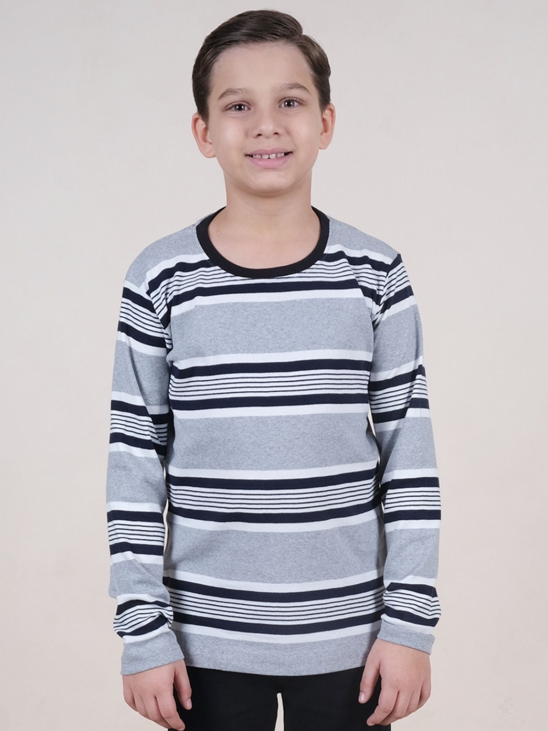 

KiddoPanti Boys Striped Round Neck Cotton T-shirt, Grey melange