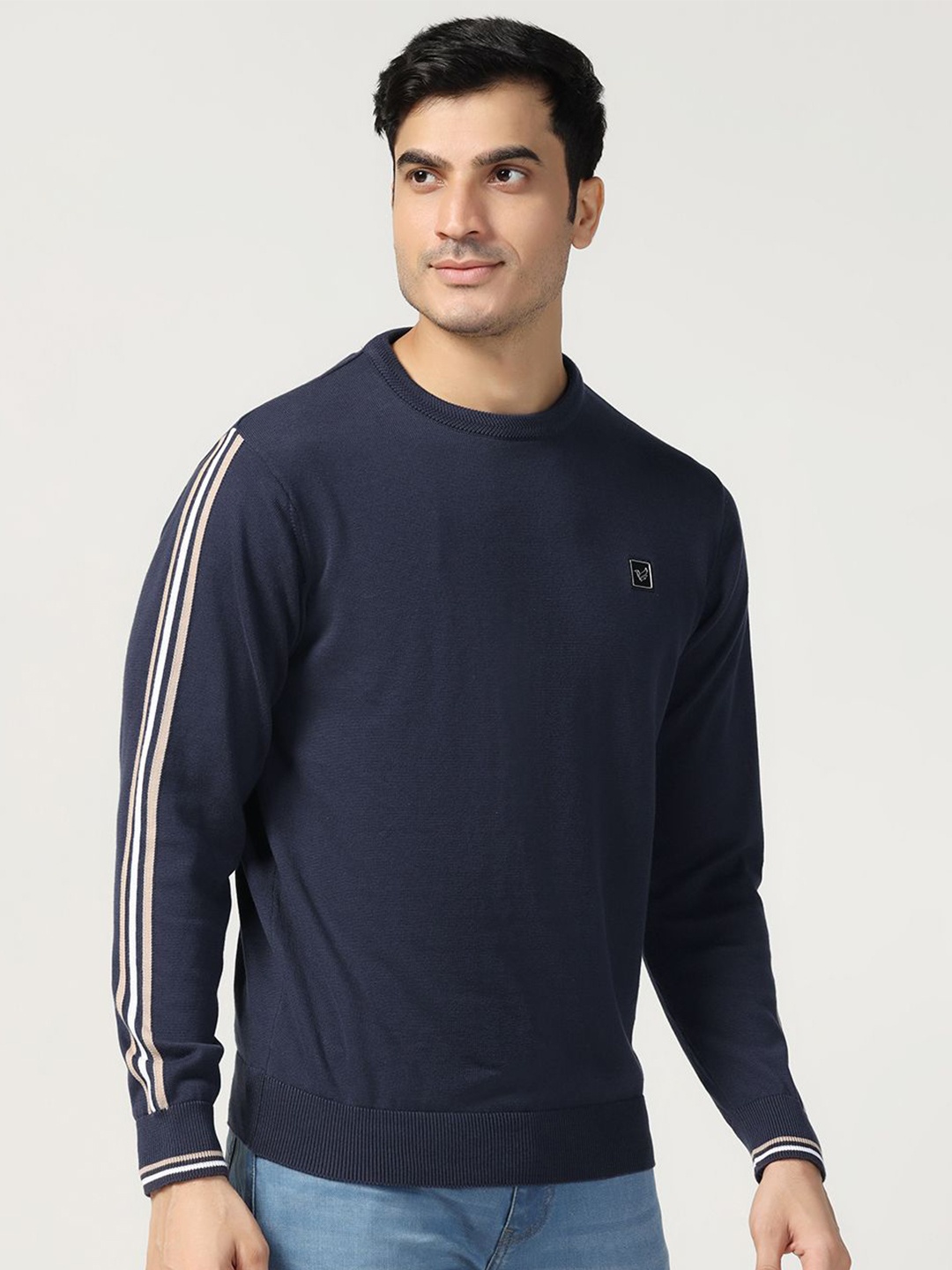 

Blackberrys Men Striped Sleeves Pullover Sweater, Navy blue