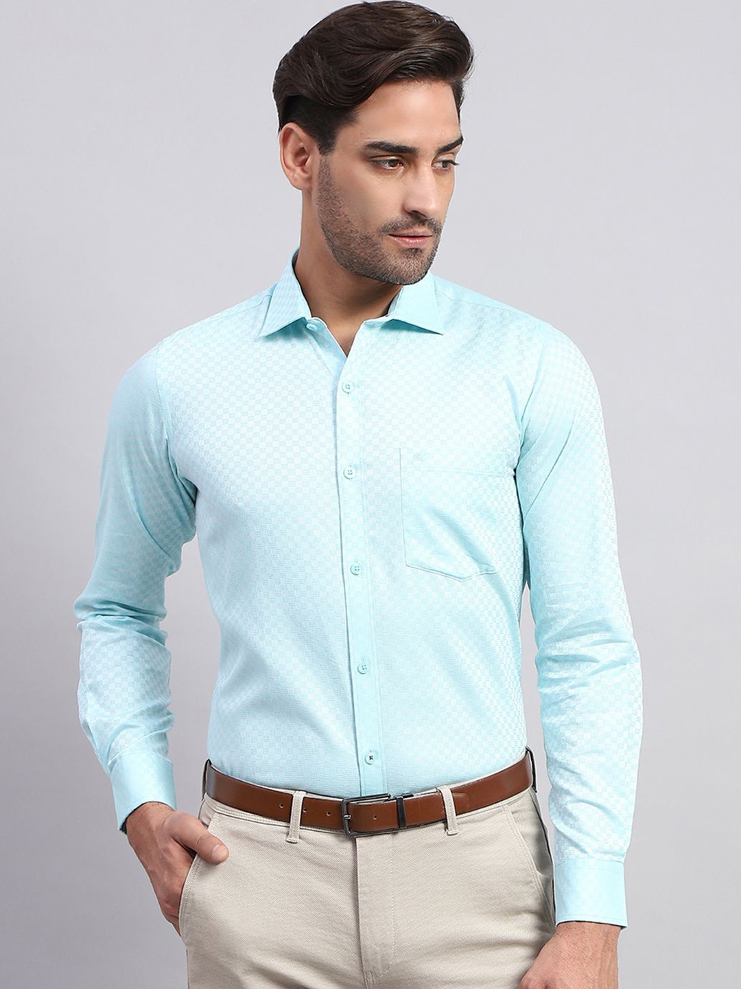 

Monte Carlo Men Spread Collar Micro Ditsy Printed Cotton Casual Shirt, Blue