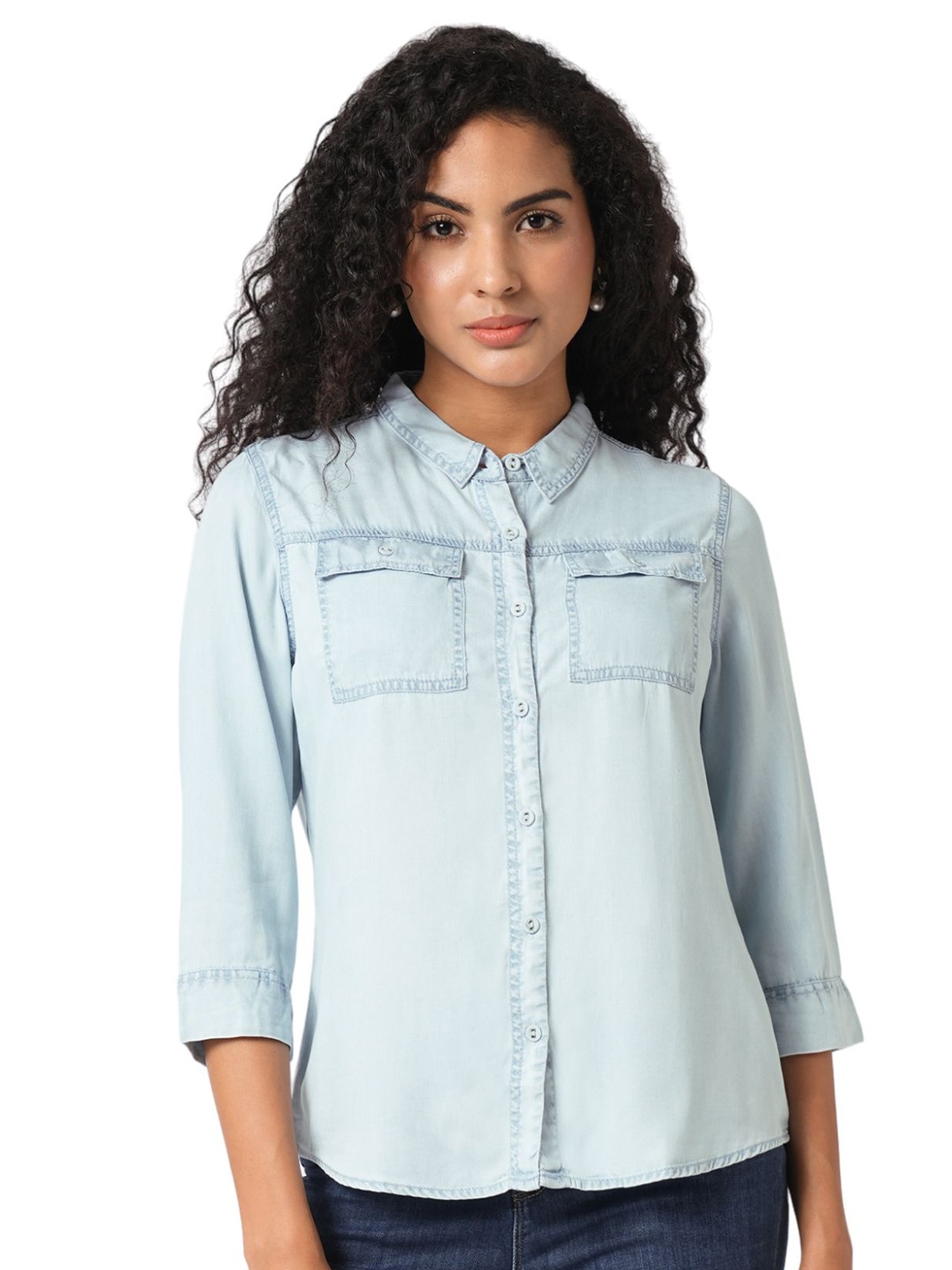 

Kraus Jeans Women Spread Collar Solid Cotton Slim Fit Casual Shirt, Blue